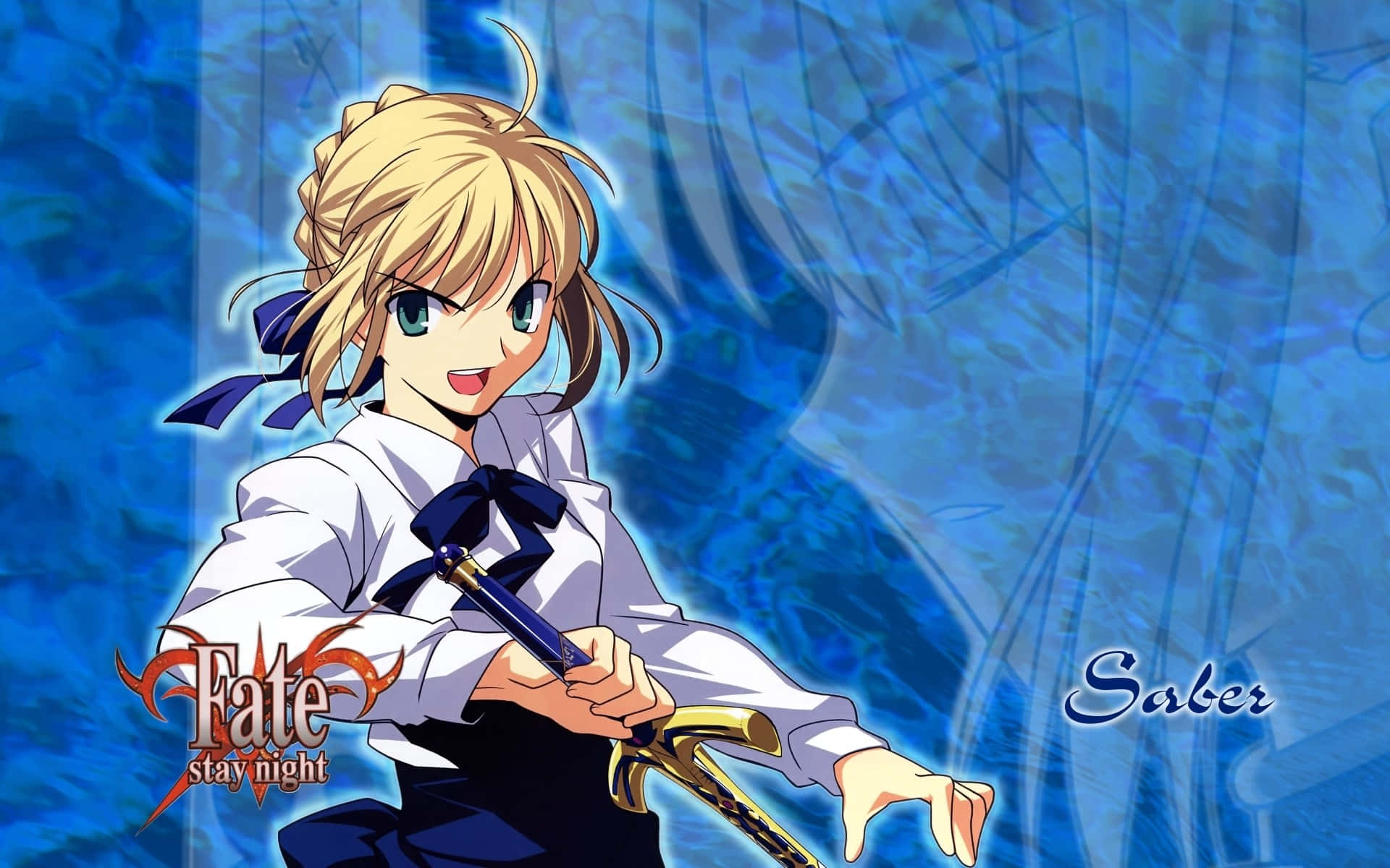 來自Fate stay night的動漫角色Saber在藍色背景上持劍。