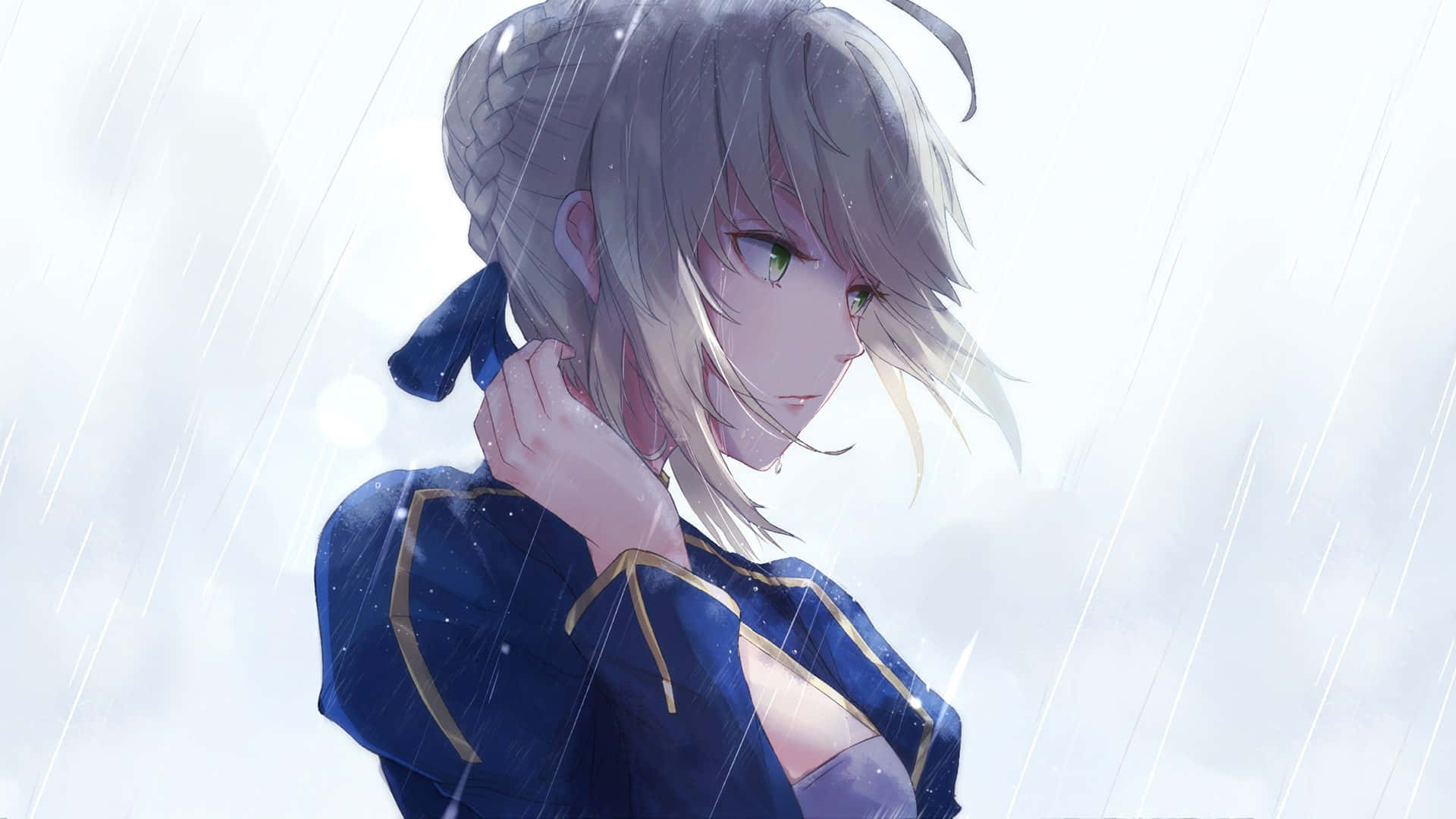 銀髮綠眼的動漫女孩穿著藍色外套站在大雨中。