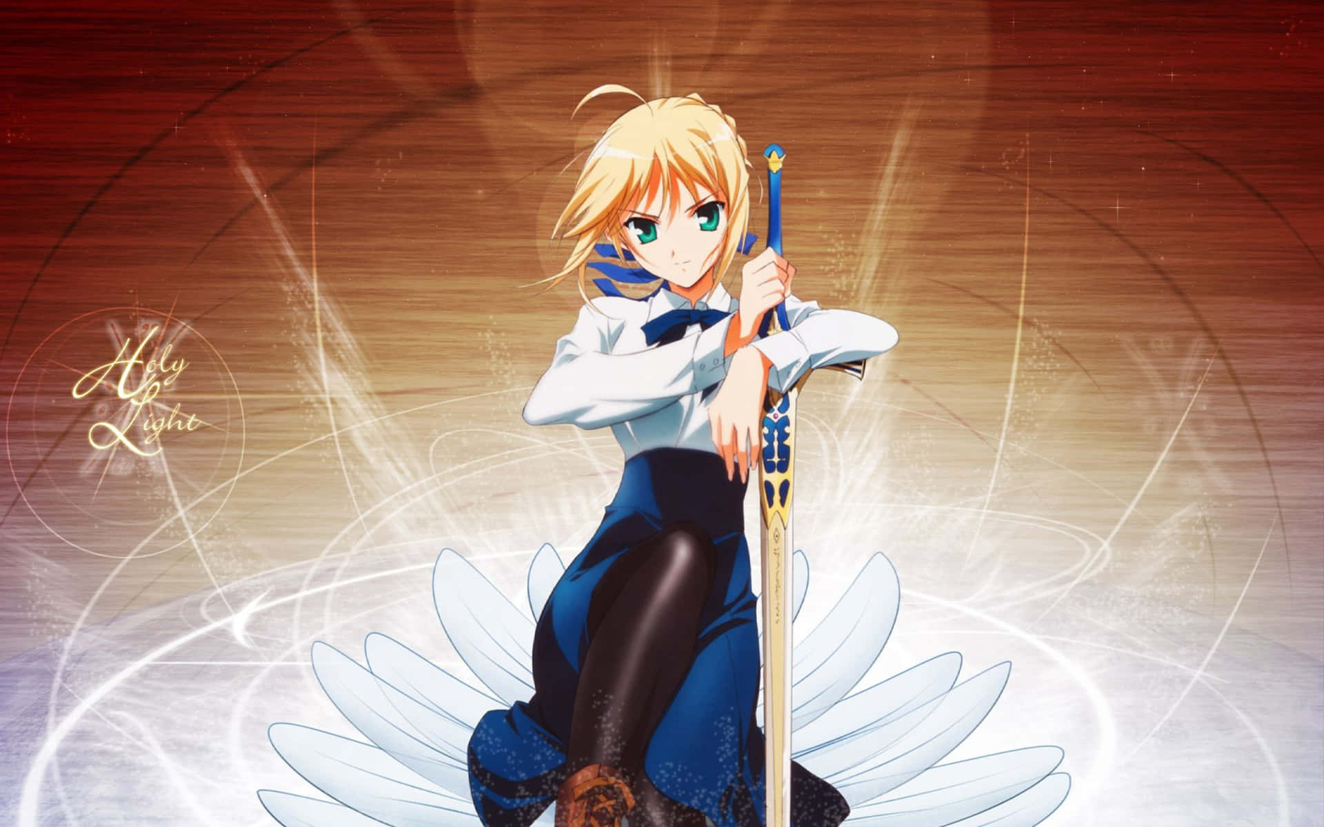 動漫女孩手持劍和翅膀，散發著魔法光芒。