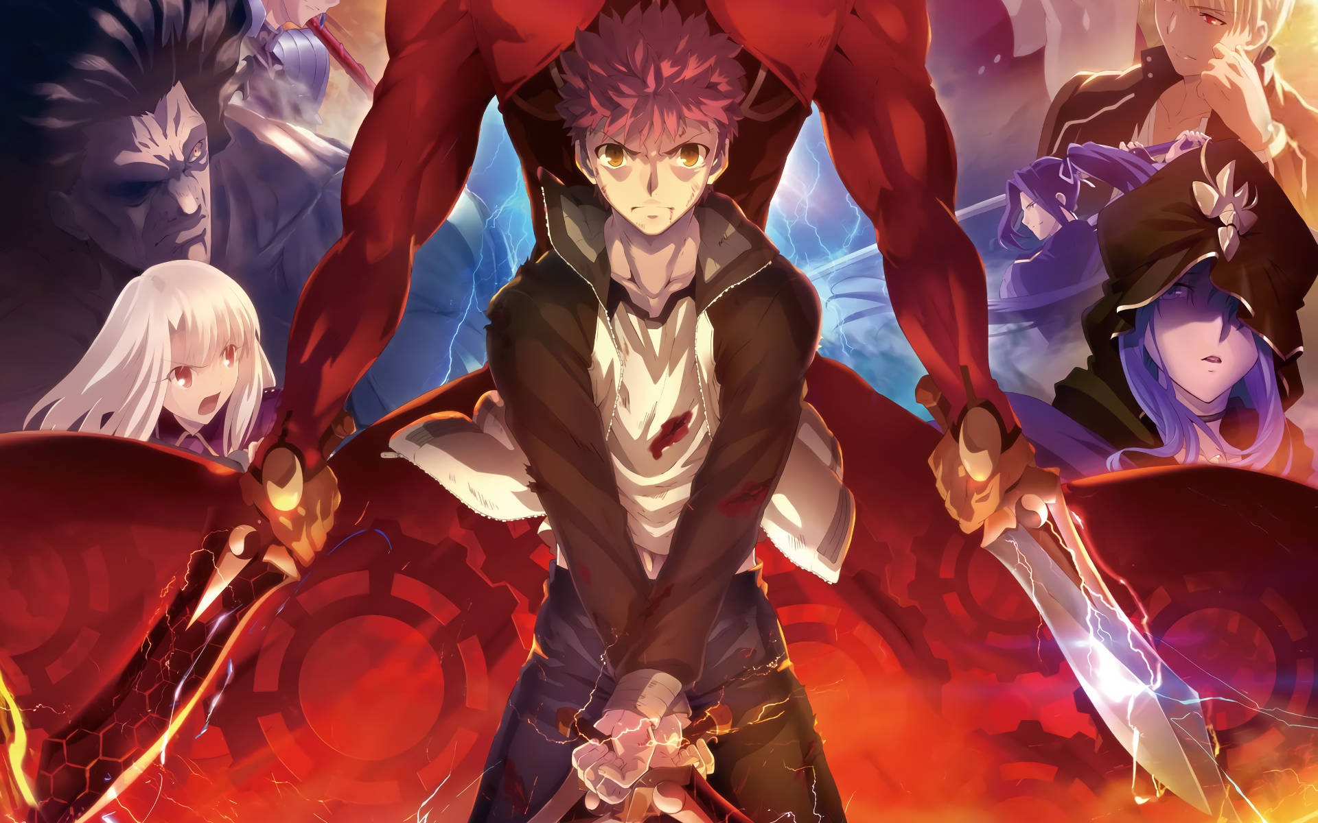 Fate Stay Night 刺客們 壁紙 — 一位紅髮動漫戰士在充滿火焰的戰鬥場景中，手持發光劍，與多個角色對峙。