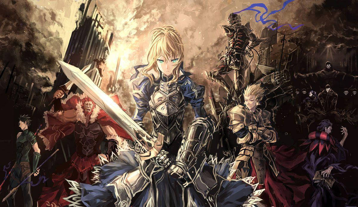 《Fate/Zero》Saber角色海報 壁紙 — 一位金髮裝甲戰士在煙霧瀰漫的廢墟城市景觀中，與多個奇幻角色進行混亂戰鬥，揮舞著發光的劍。