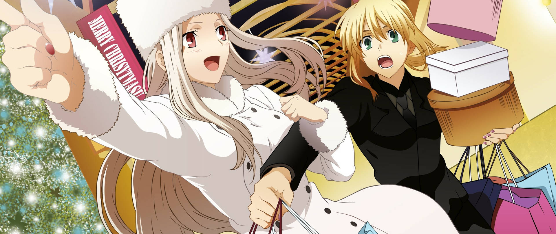 兩個穿著冬季外套的動漫女孩拿著購物袋和聖誕標誌。