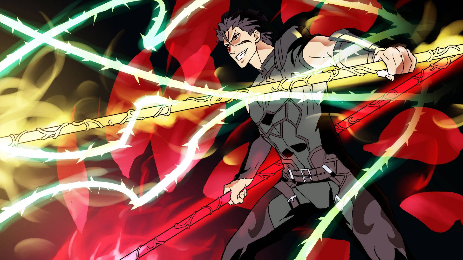 《Fate/Zero》中的Lancer揮舞金屬長槍 壁紙 — 一位兇猛的動漫戰士在旋轉的紅色和綠色能量中揮舞著發光的法杖，呈現出動態的戰鬥場景。