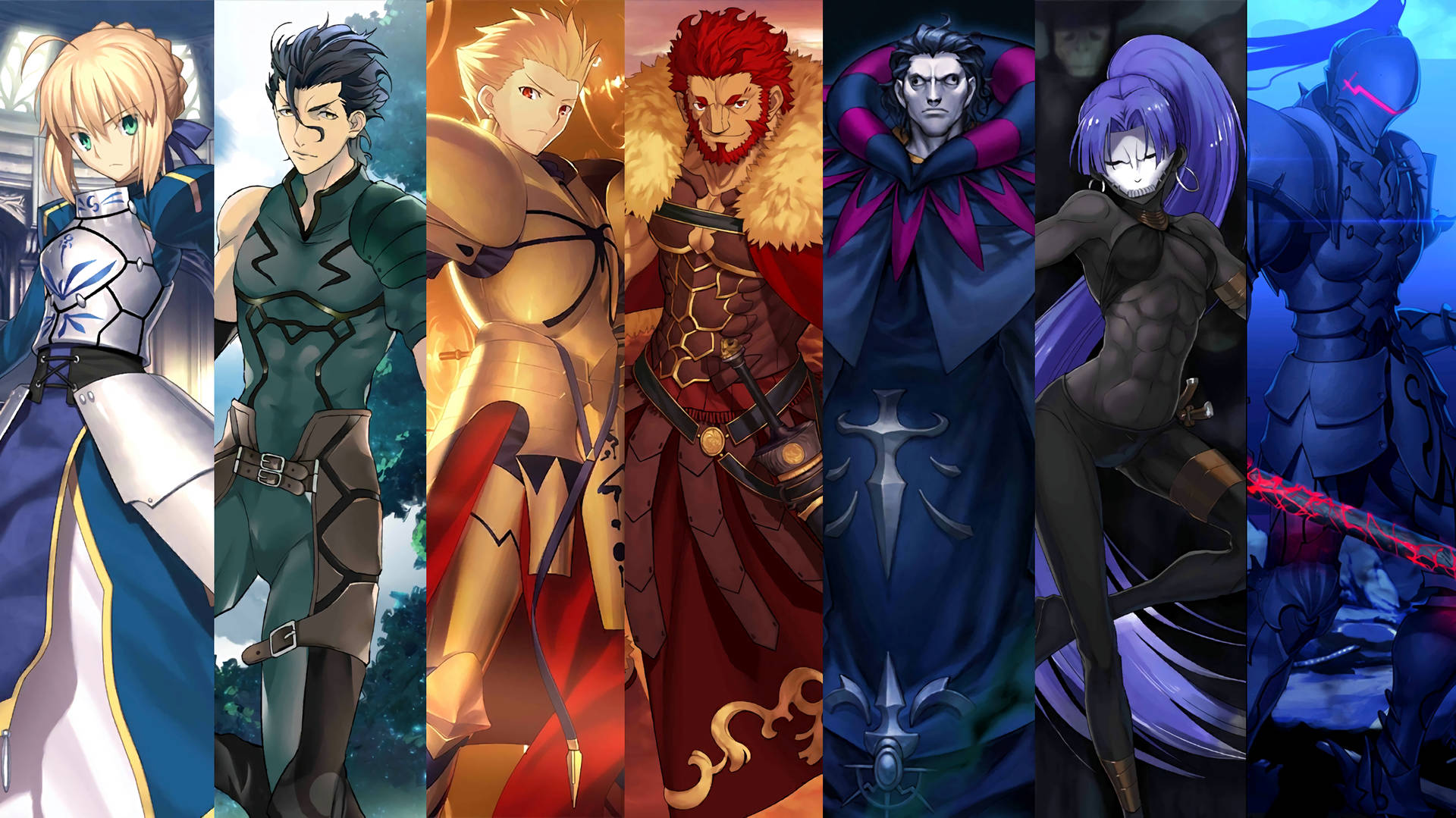 《Fate/Zero》中的Rider與Caster合輯 壁紙 — 七個身穿奇幻盔甲和服飾的動漫角色，在鮮豔且風格化的背景前垂直排列站立。
