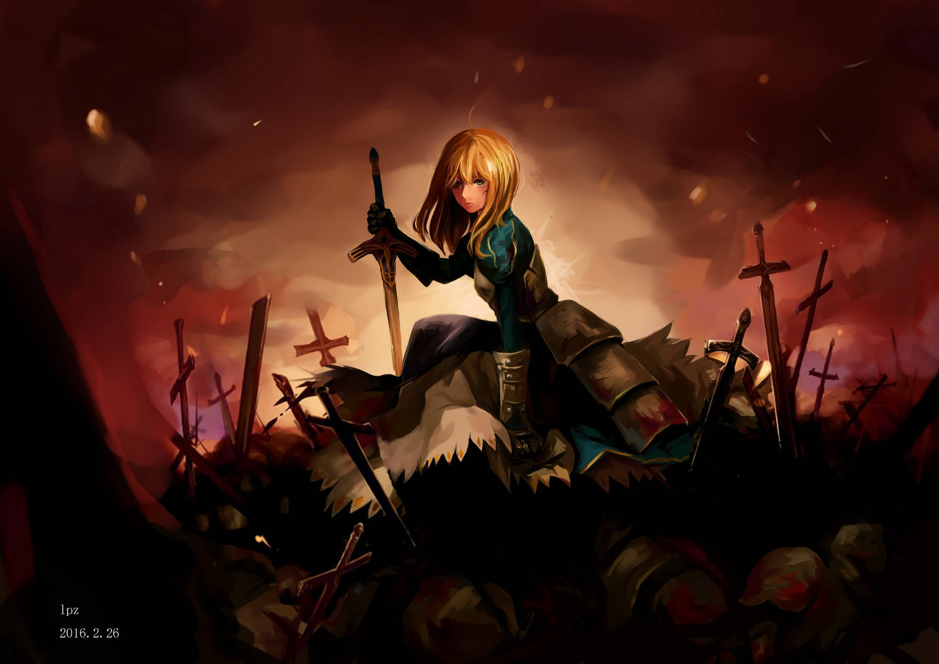 《Fate/Zero》中的Saber蹲伏於屍堆 壁紙 — 一個孤獨的金髮戰士坐在一個充滿斷劍和十字架的戰場上，天空火紅。