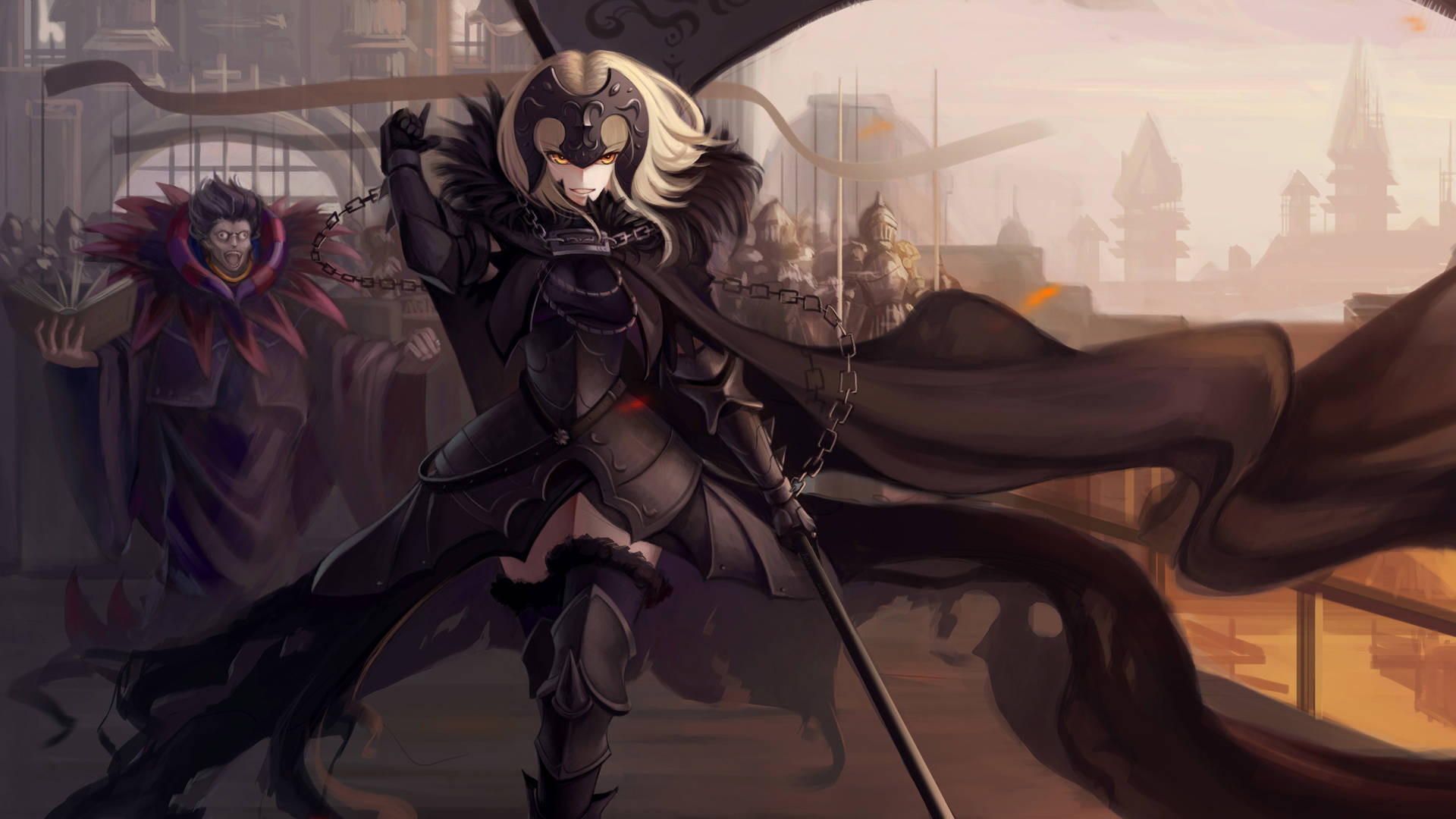 《Fate/Zero》中的聖女貞德與Caster 壁紙 — 一位白髮飄逸、披風飄揚的黑暗奇幻動漫戰士，佇立於哥德式城市景觀中，揮舞著帶鎖鏈的武器。
