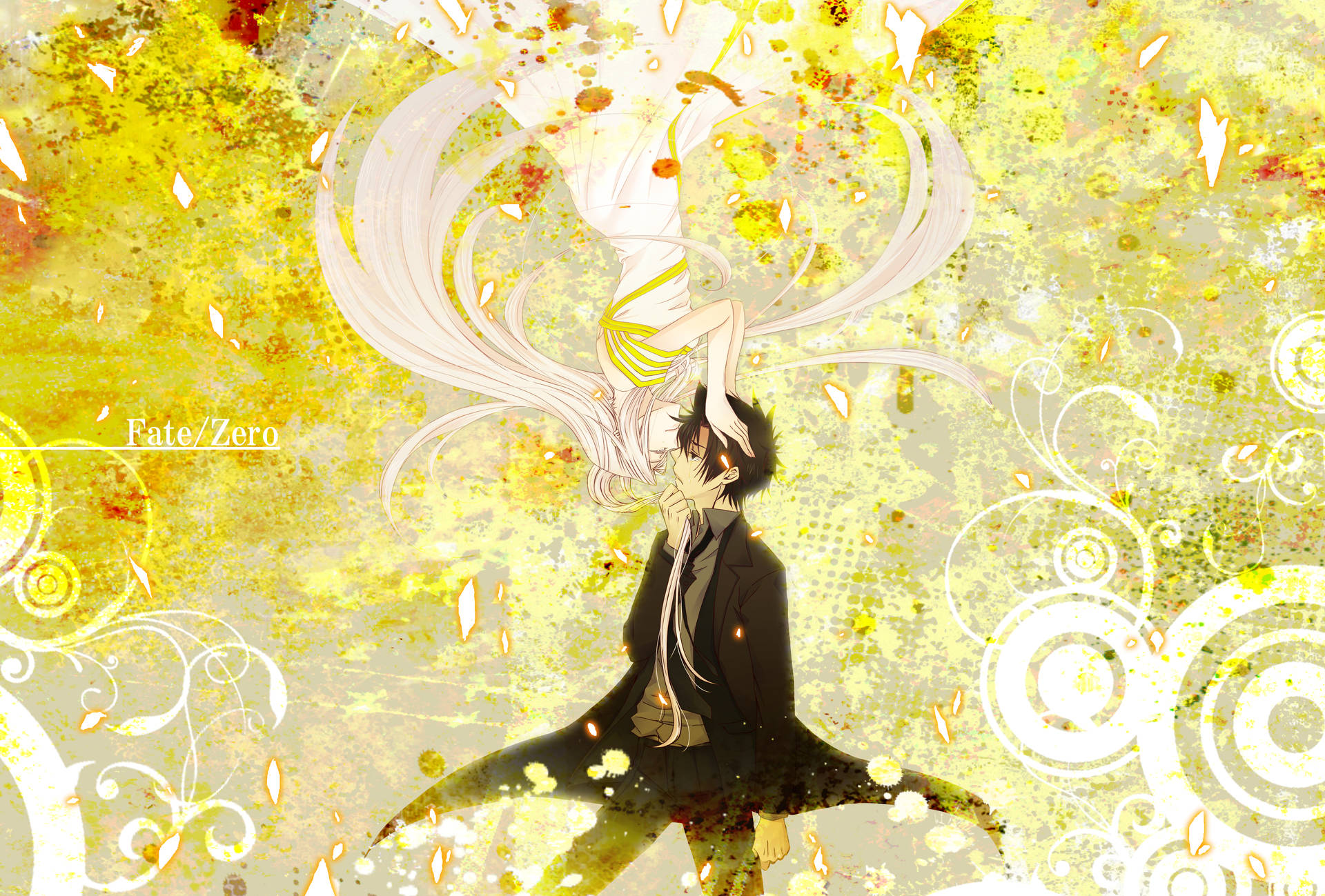 來自《Fate Zero》的動漫角色在金色紋理背景前擺出動態姿勢。