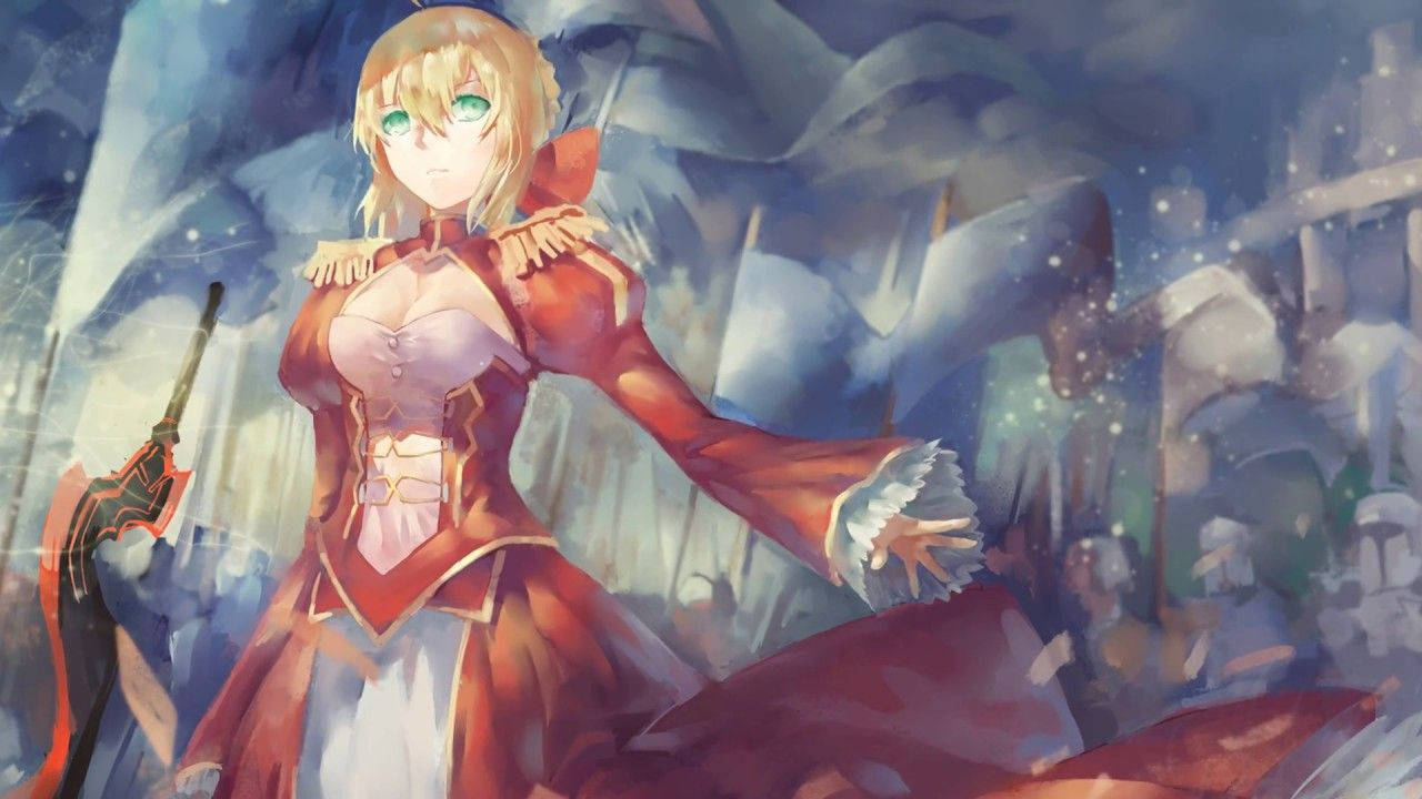 Fate Zero 主題曲海報 壁紙 — 一個金髮動漫女孩穿著紅白相間的奇幻服裝，在冰雪背景中手持劍，周圍有發光粒子。