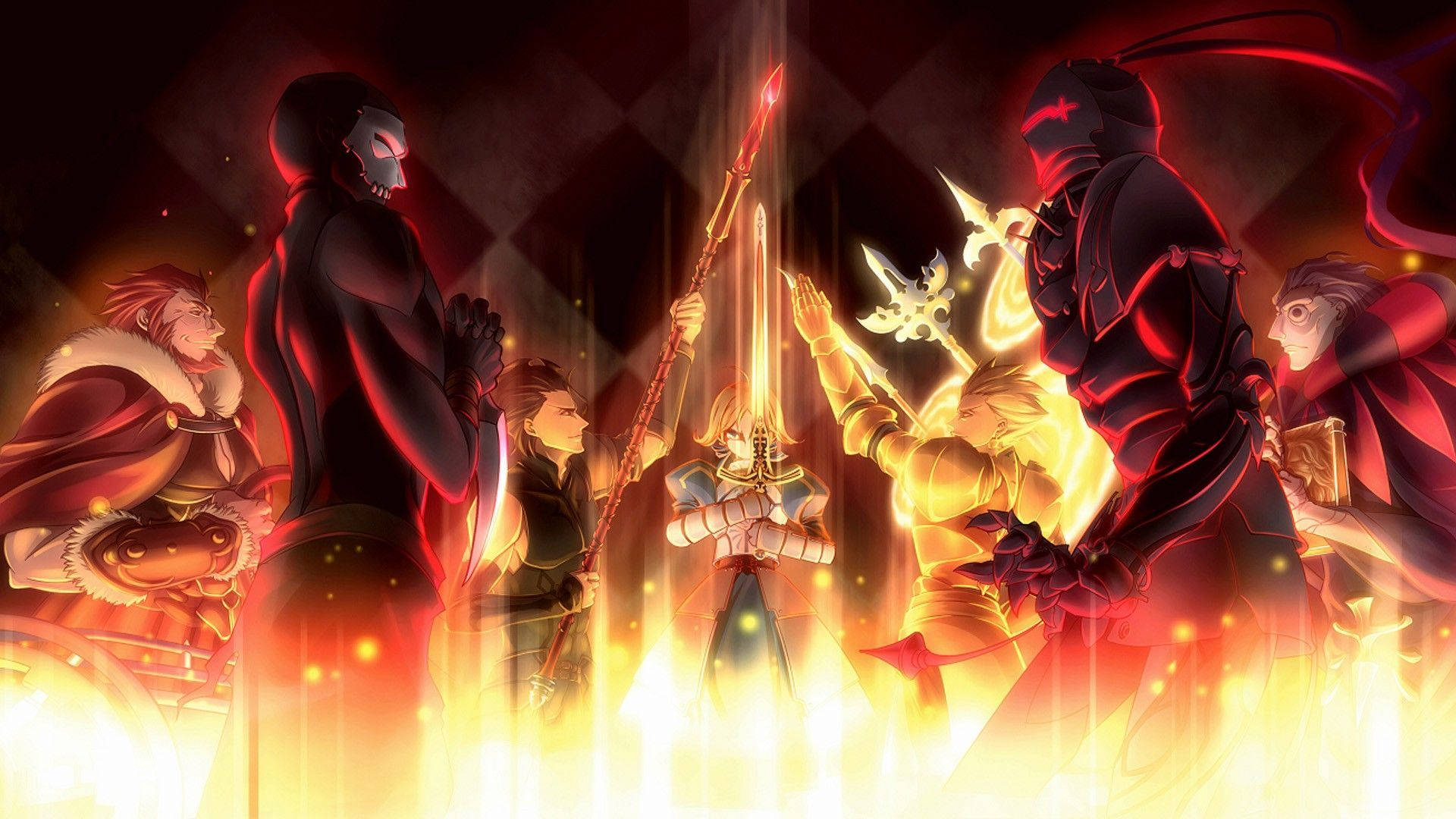 Fate Zero 燃燒海報 壁紙 — 動漫角色在戲劇性的紅色和金色燈光下，用發光的劍在激烈的戰鬥場景中交鋒。