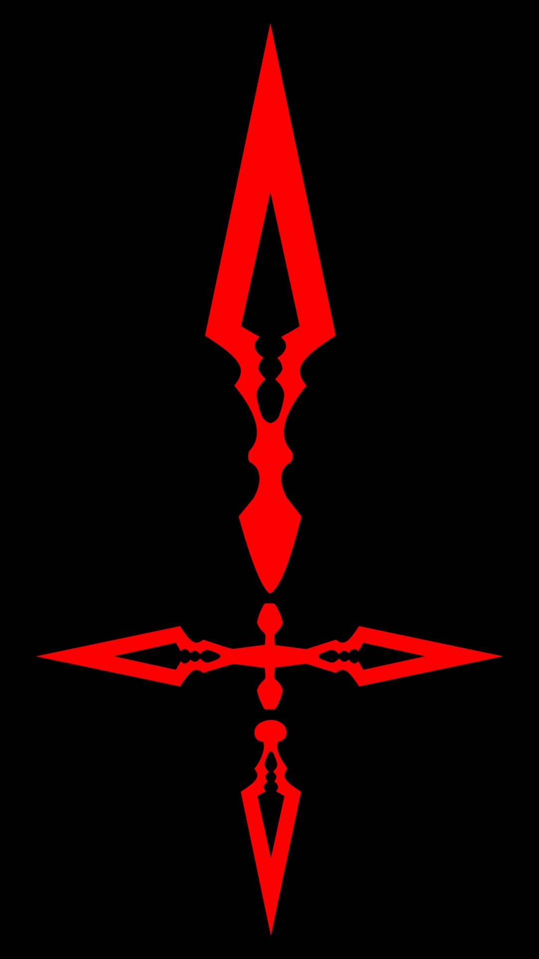 Fate Zero 神聖誓約咒文，象徵 Fate 系列力量的經典圖騰 壁紙 — 一個大膽的紅色風格化劍與十字標誌在純黑色背景上鮮明突出。