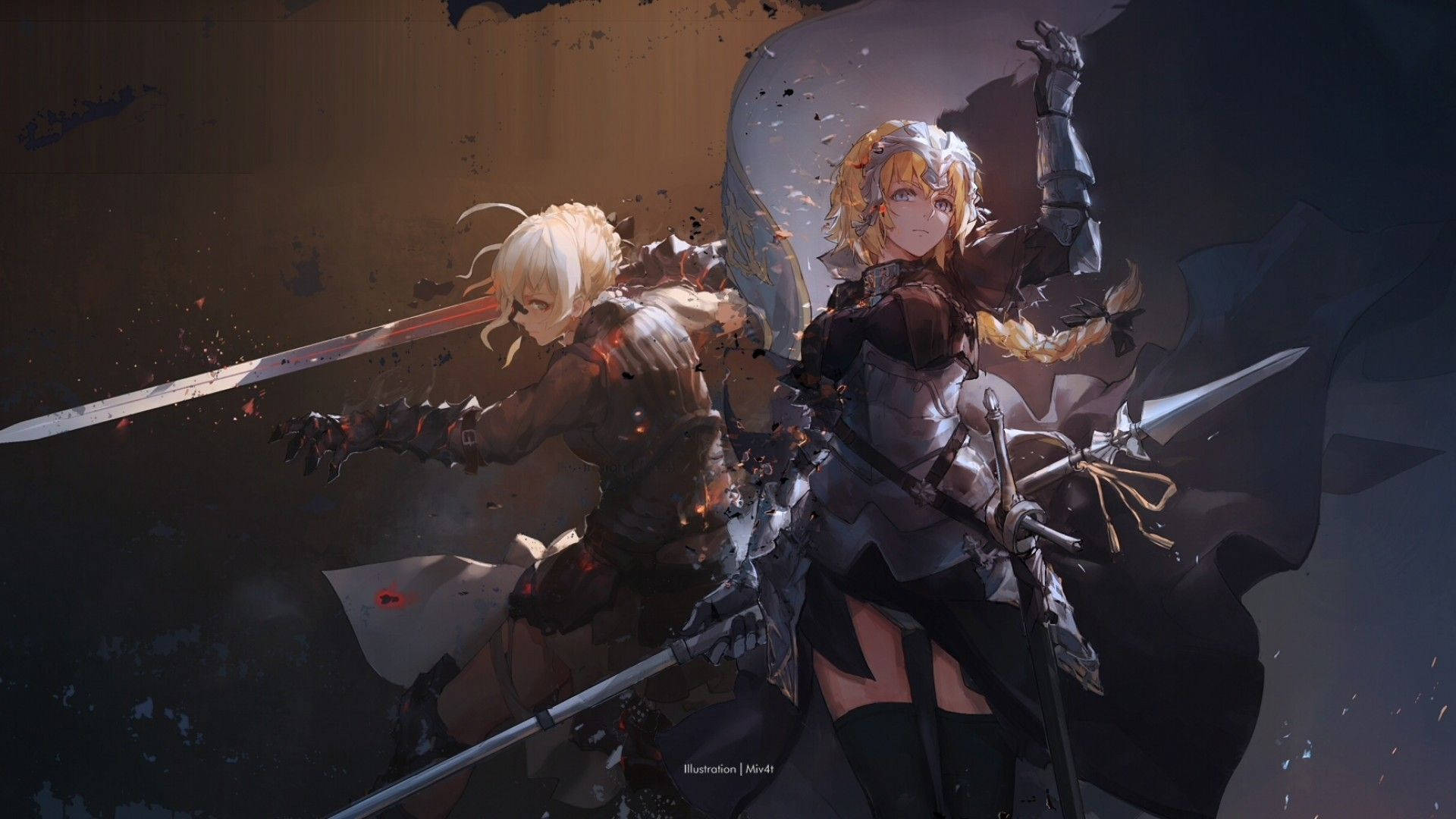 《Fate》劍士與聖女貞德 壁紙 — 兩位動漫戰士在黑暗的潑濺背景中揮劍進行動態戰鬥。