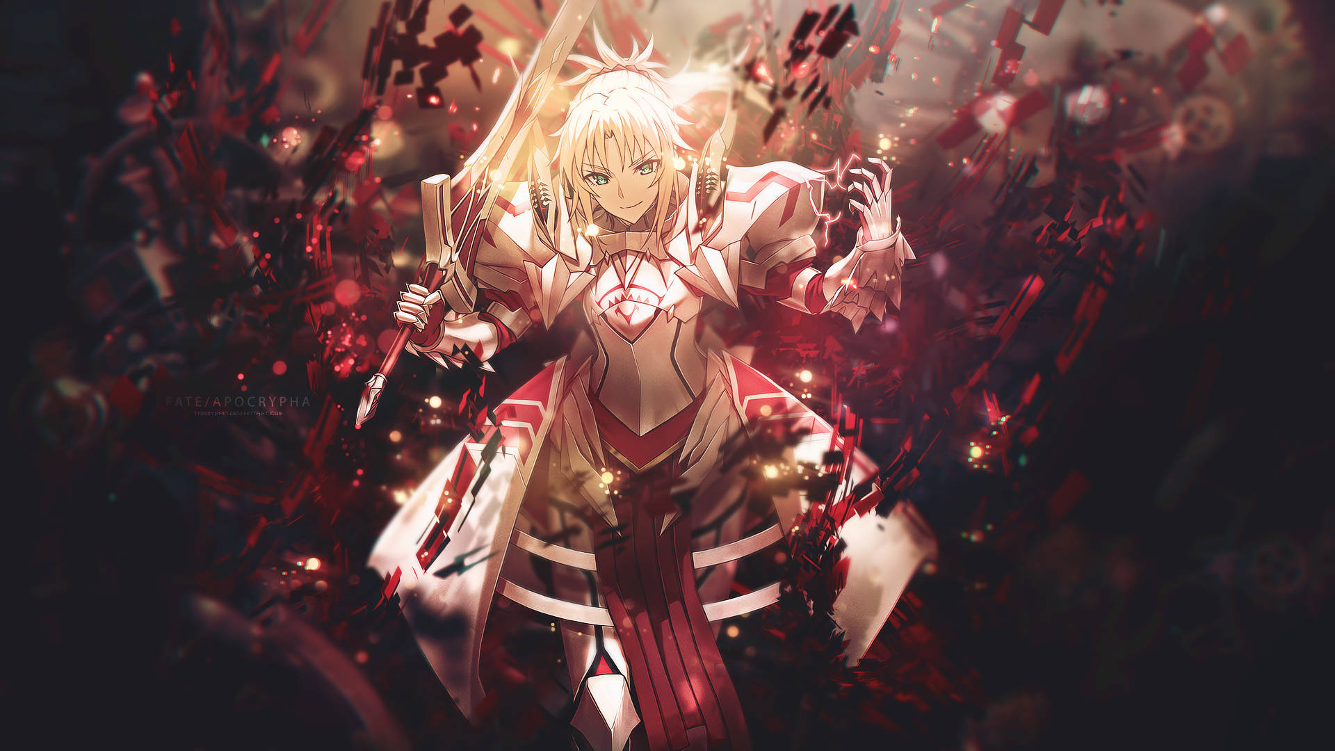 Fate 紅色Saber 壁紙 — 一位金髮閃耀的動漫戰士在紅色水晶碎片的風暴中揮舞著發光的劍。