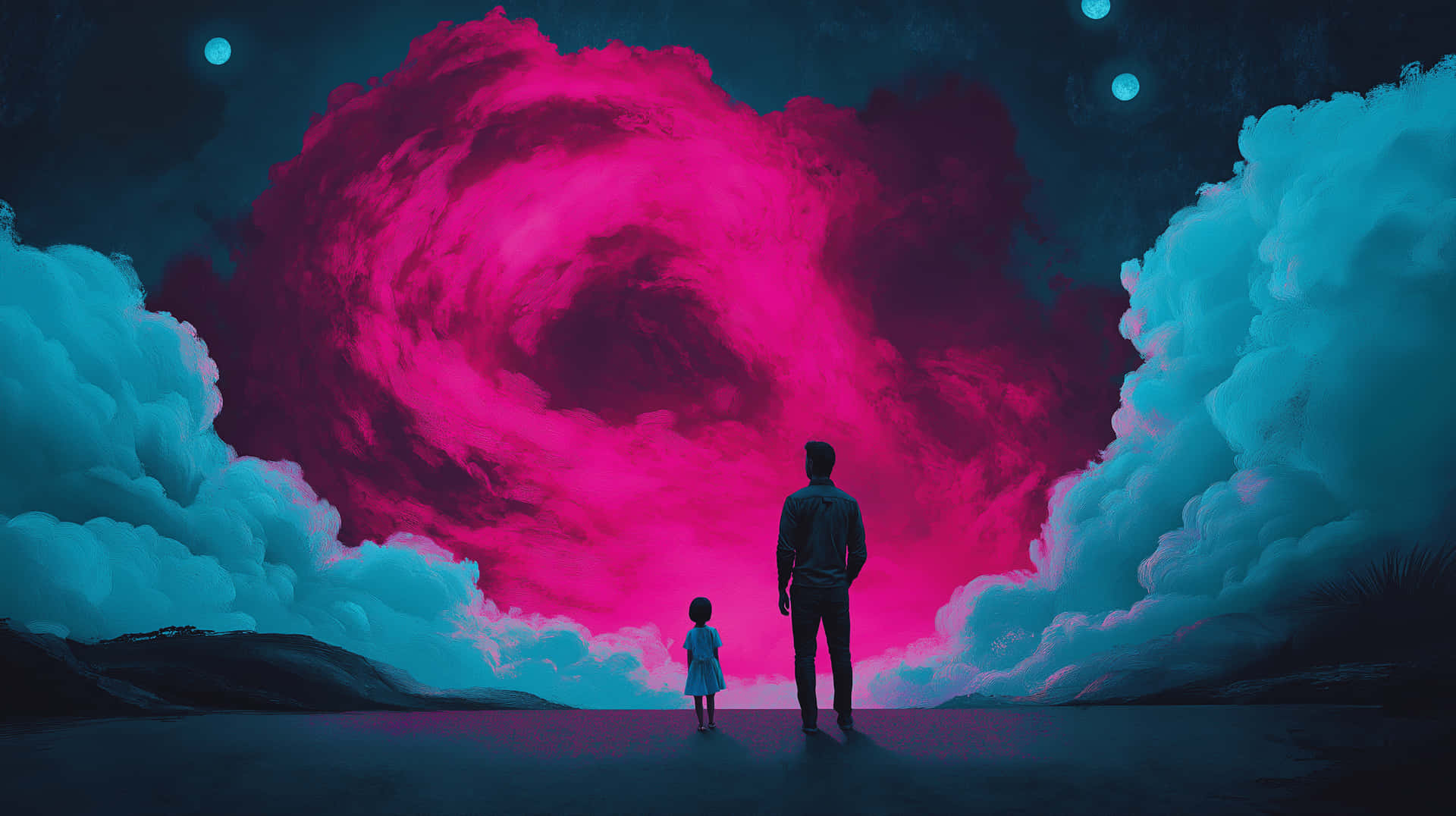 一名男子和一個孩子凝視著一個巨大的粉紅色星雲，周圍環繞著青綠色的雲彩，背景是星空。
