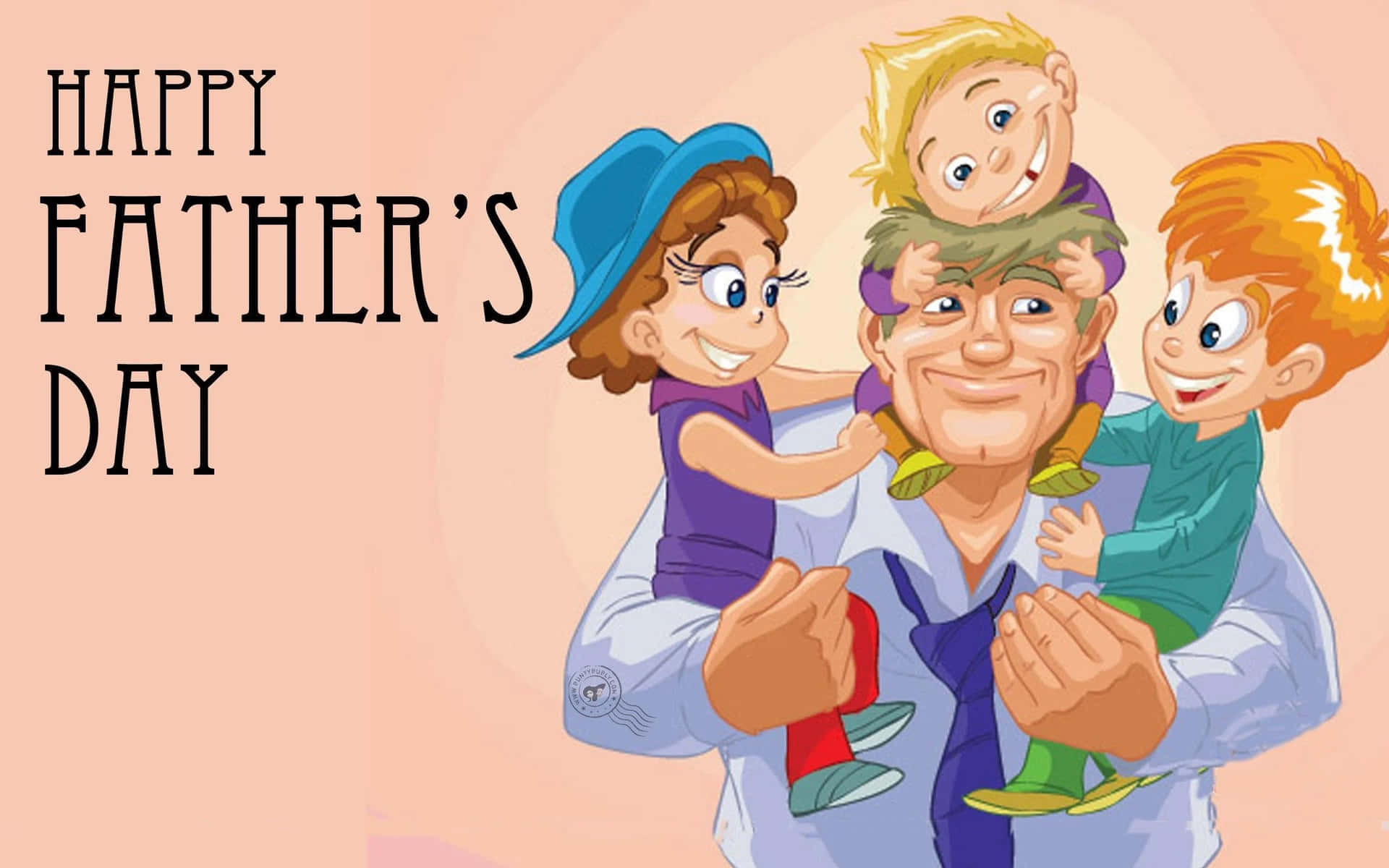 Happy Father's Day 插圖，微笑的父親肩上扛著三個孩子。