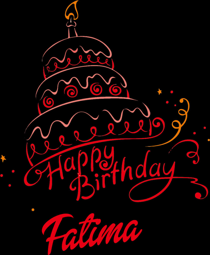 Fatima生日蛋糕插畫 壁紙 — 一個風格化的紅色生日蛋糕，帶有燃燒的蠟燭和旋轉裝飾，背景為黑色。