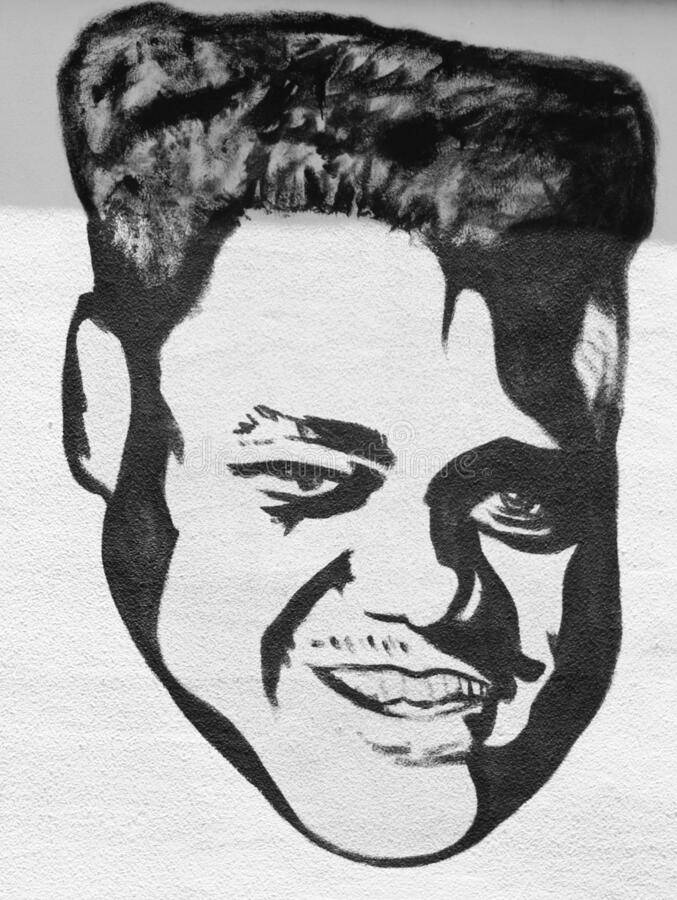 Fats Domino 手繪肖像 壁紙 — 一個大膽的黑白風格化肖像，描繪一位微笑且擁有紋理頭髮的男子，以紙上圖形藝術呈現。