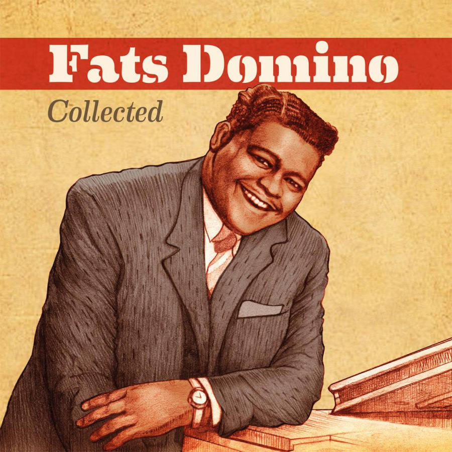 Fats Domino 音樂黑膠專輯封面 壁紙 — 法茲·多米諾穿著西裝，微笑著靠在鋼琴上，背景是帶有紋理的米色，並有紅色橫幅文字。