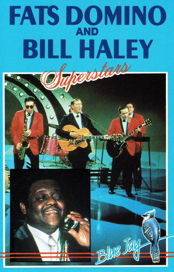 Fats Domino與Bill Haley演唱會海報 壁紙 — 1950年代復古音樂會海報， featuring Fats Domino 和 Bill Haley 與樂隊在明亮舞台燈光下表演。