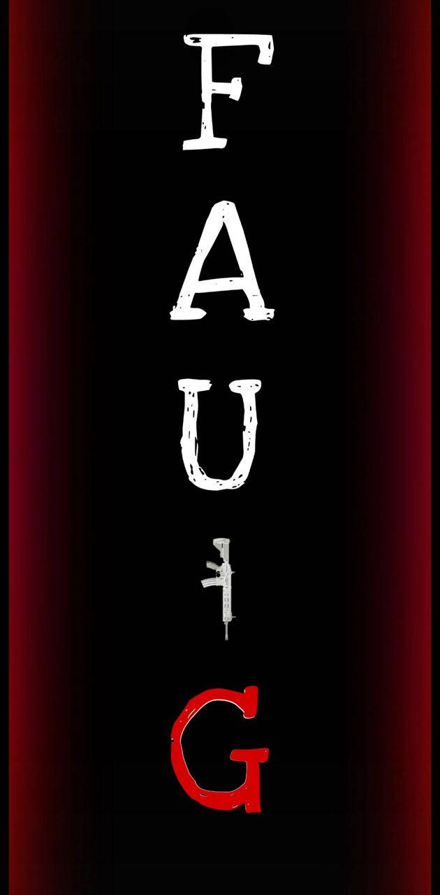 垂直文字 FAUG，白色和紅色字母在黑色背景上，帶有紅色漸變。