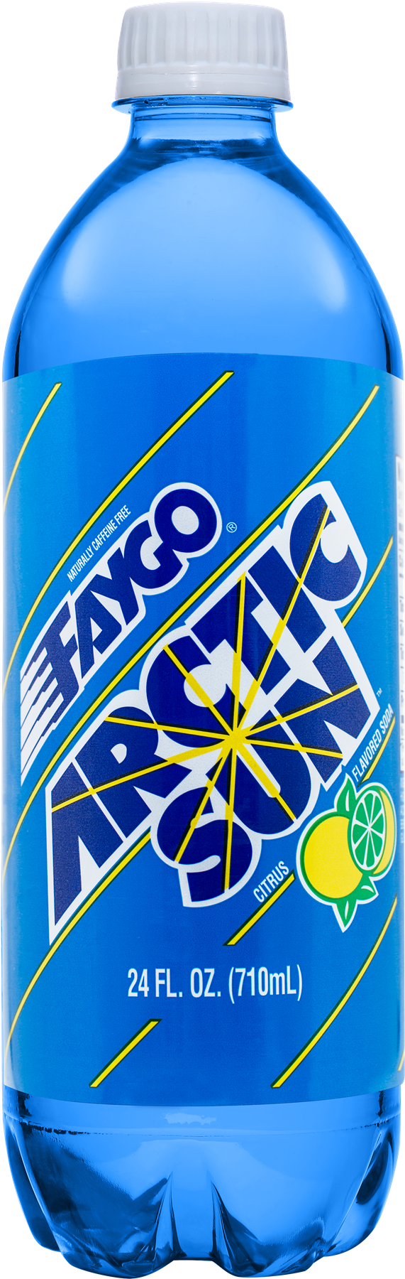 Faygo Arctic Sun汽水24盎司瓶 壁紙 — 一個充滿活力的藍色塑膠瓶，裝有Haygo Arctic Sun柑橘汽水，帶有黃色斜條紋和青檸圖案。