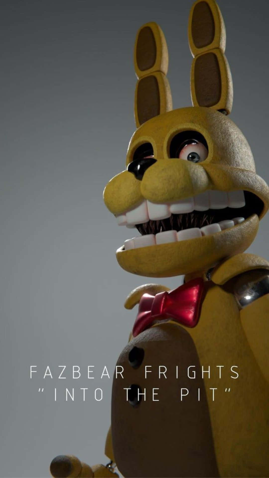 Fazbear Frights - 在 Freddy's 的驚悚冒險 壁紙 — 灰色背景上，一隻黃色電子機械兔子的特寫，露出寬闊的牙齒笑容和紅色蝴蝶結。