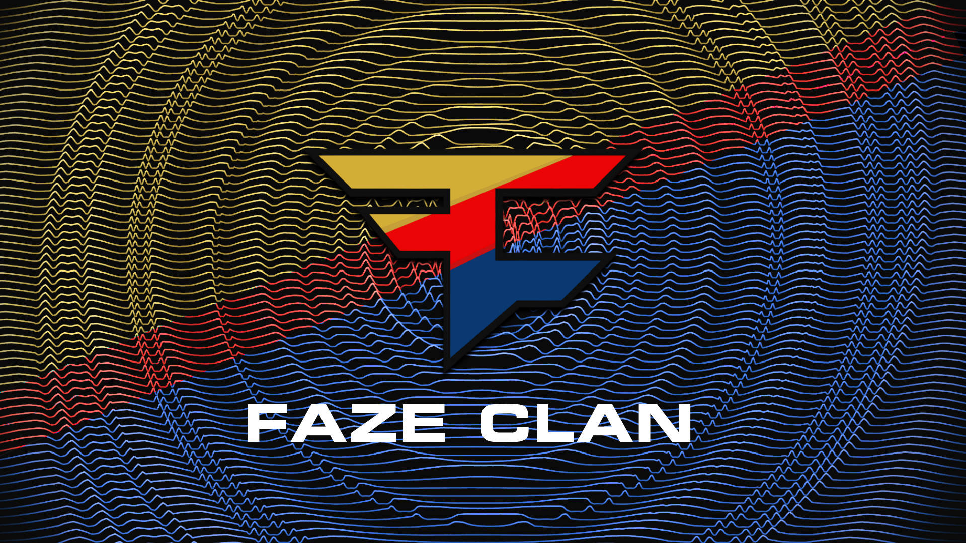 FaZe Clan 藍黃配色 壁紙 — 一個大膽的FAZE CLAN標誌，採用紅、黃、藍色的幾何形狀，置於動態黑色背景上，背景有金色、紅色和藍色的同心波浪線。