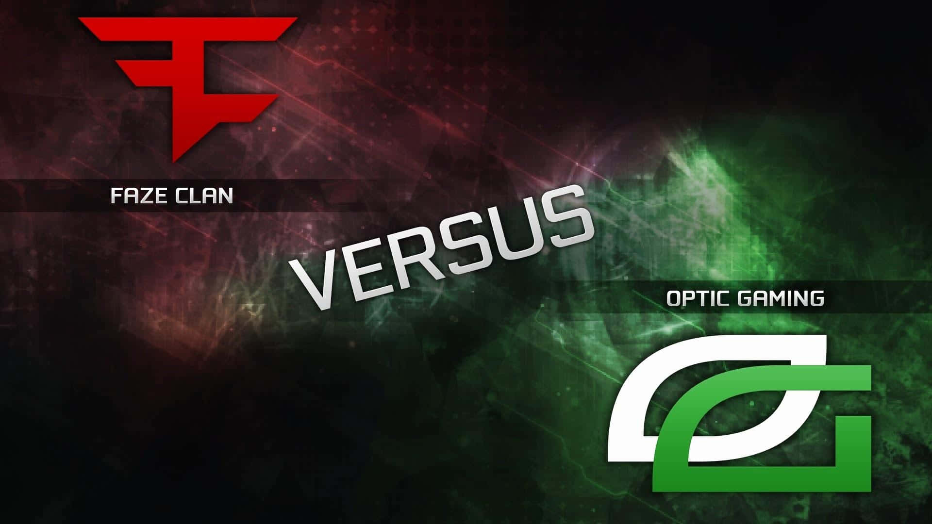 Optic Gaming 桌布 壁紙 — 數碼電競壁紙，展示FaZe Clan的紅色標誌對決Optic Gaming的綠色標誌，帶有發光粒子效果。
