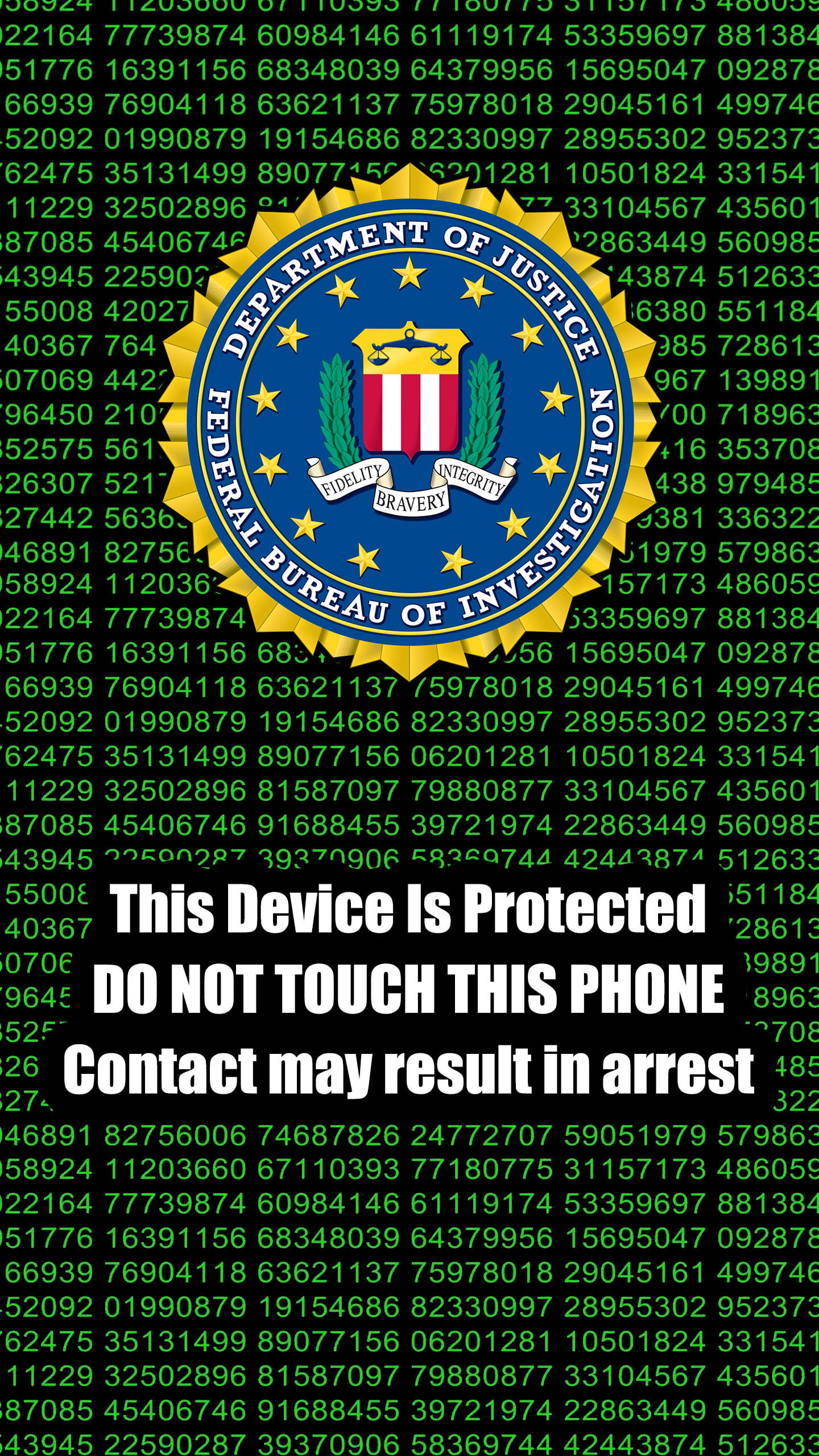 Fbi 桌布 壁紙 — FBI 標誌置於綠色數碼代碼背景中央，附有粗體警告文字，關於裝置保護及被捕風險。