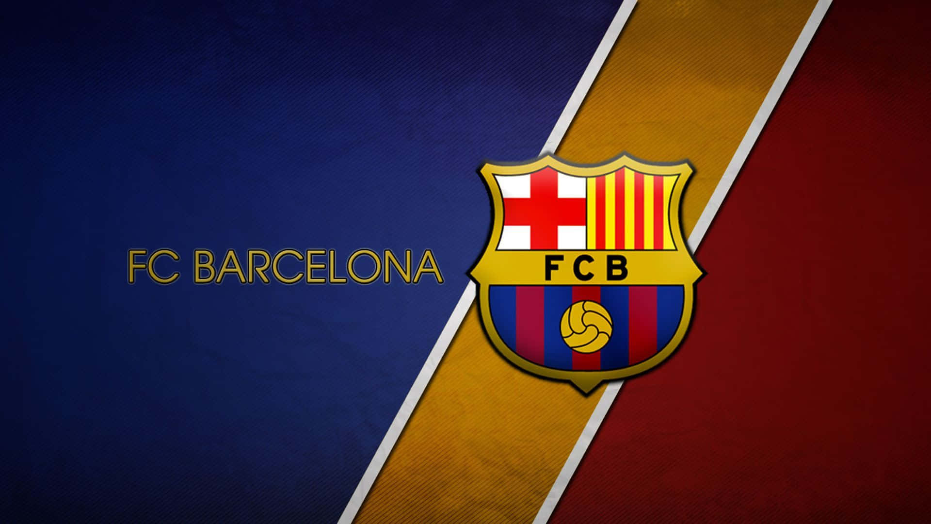 巴塞隆拿 桌布 壁紙 — FC Barcelona 會徽居中於藍、黃、紅三色大膽對角分割背景，隊名以金色呈現。