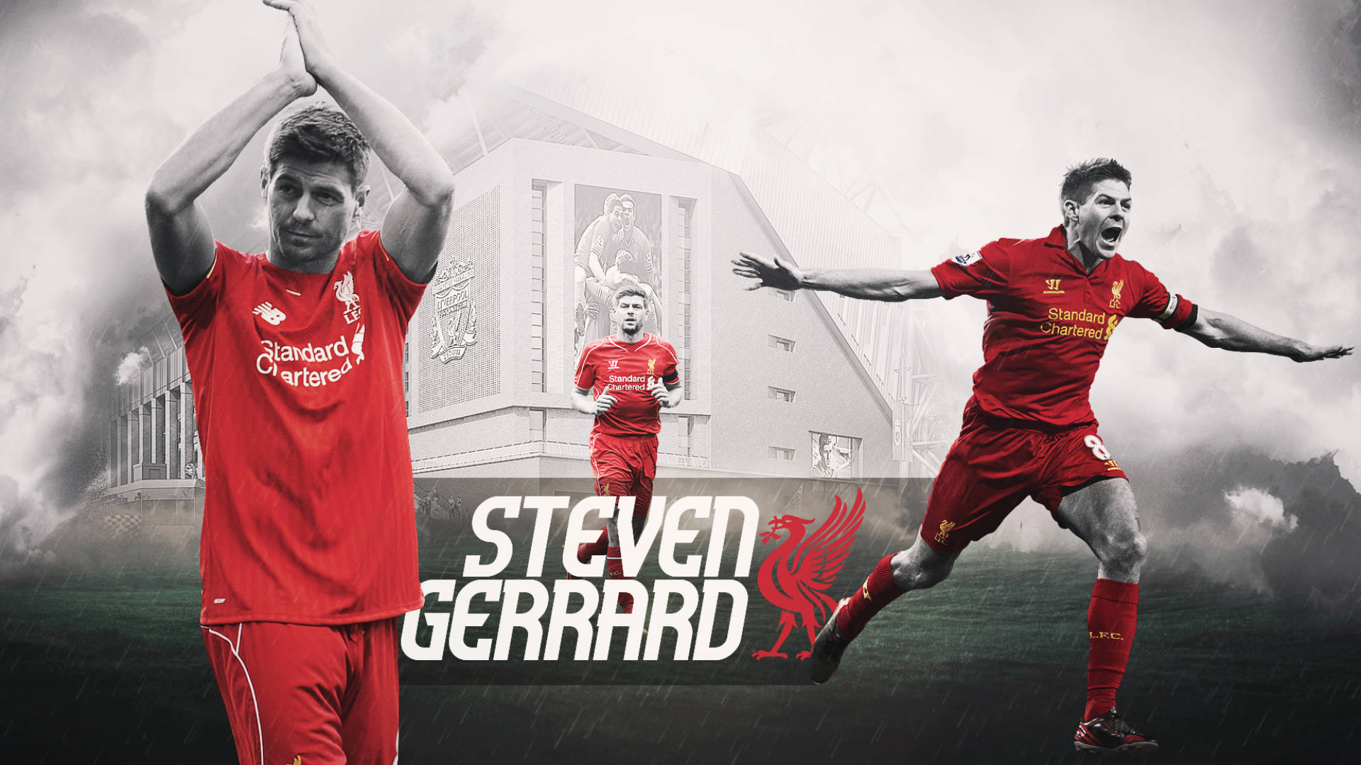 史蒂文·杰拉德利物浦FC 壁紙 — 三名利物浦球員身穿紅色球衣，在單色球場背景下，伴隨著戲劇性的暴風雲，充滿動感地慶祝。