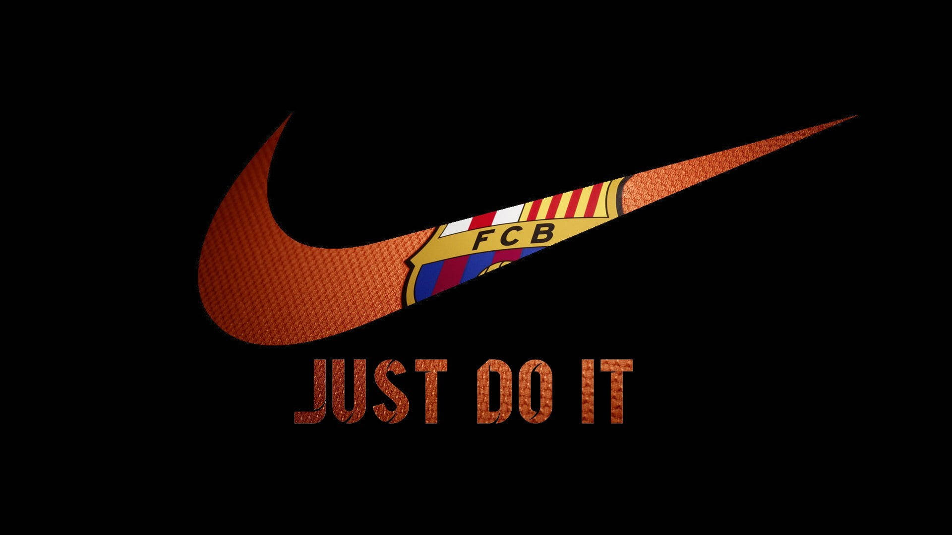 橙色 Nike 剔號、FC Barcelona 徽章及 Just Do It 標語在黑色背景上。