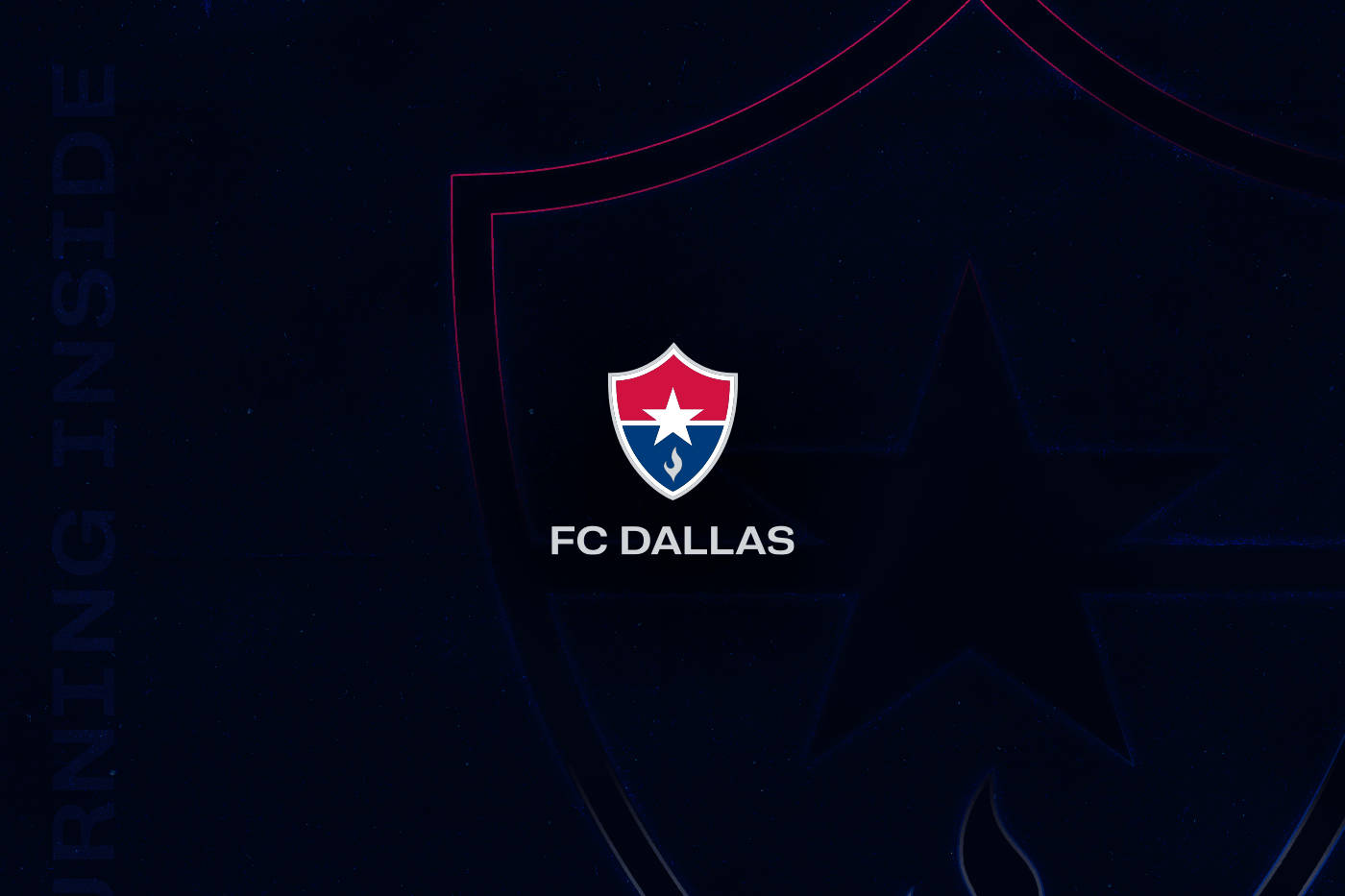 FC達拉斯極簡徽章 壁紙 — FC Dallas 標誌居中於深藍色盾牌內，帶有發光粉紅色輪廓和微妙的星星圖案背景。