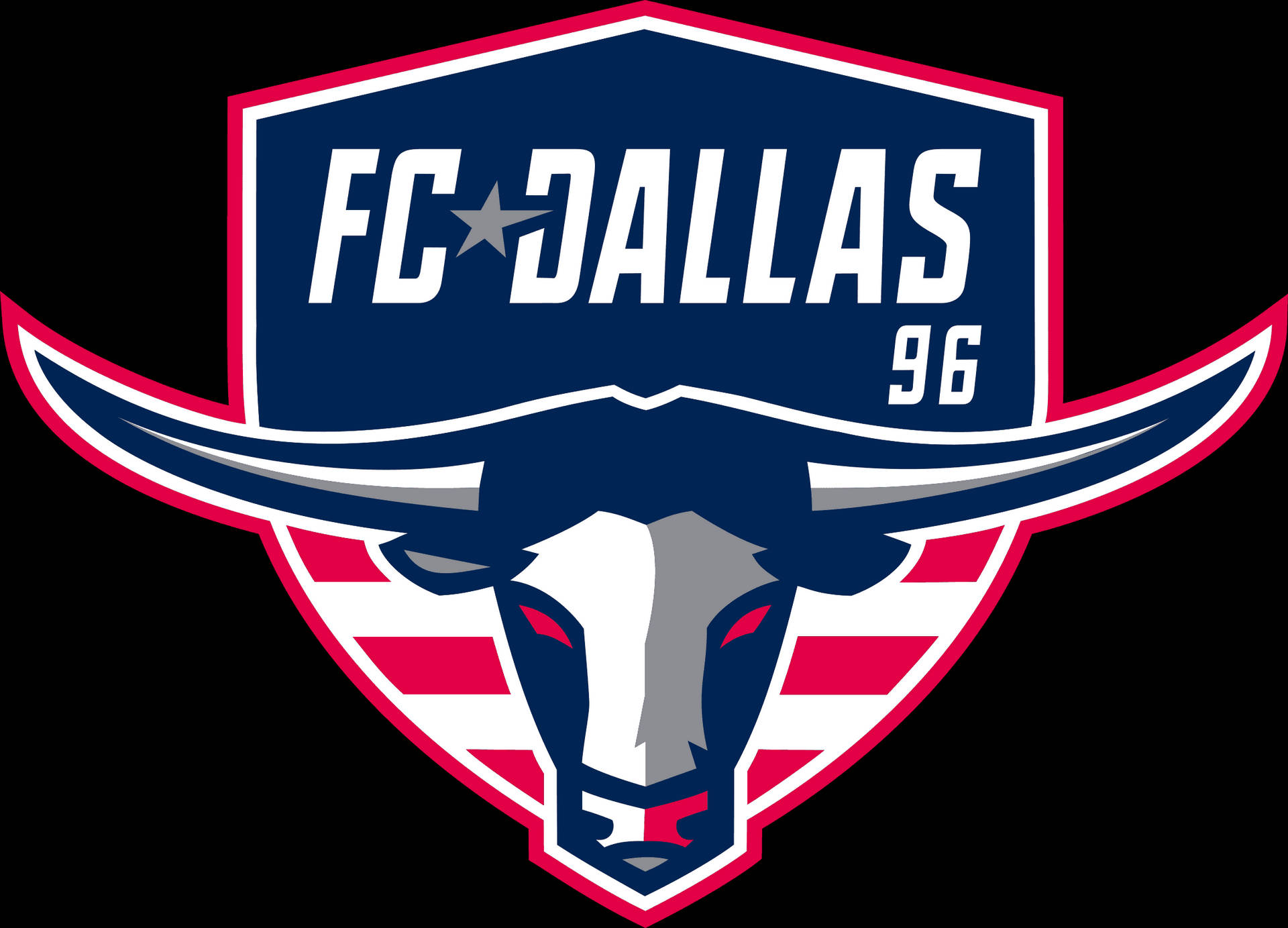 FC達拉斯隊標誌 壁紙 — 大膽的FC Dallas 96標誌，以海軍藍、紅色和白色風格化的長角牛頭為特色，背景為黑色。
