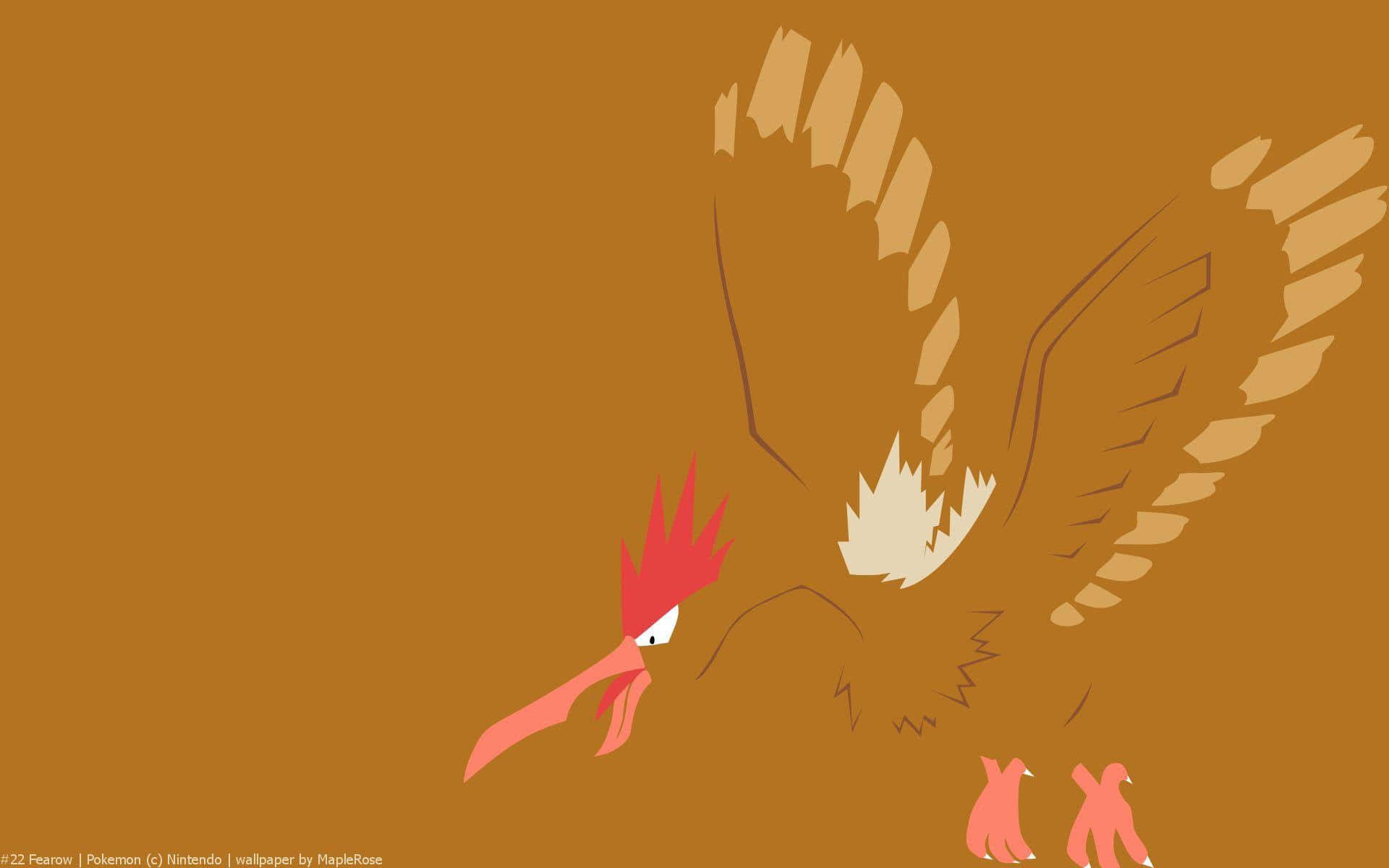 Fearow 飛行中 壁紙 — 一隻風格化的飛天螳螂寶可夢在純棕色背景上動態翱翔，採用極簡線條藝術和平面色彩。