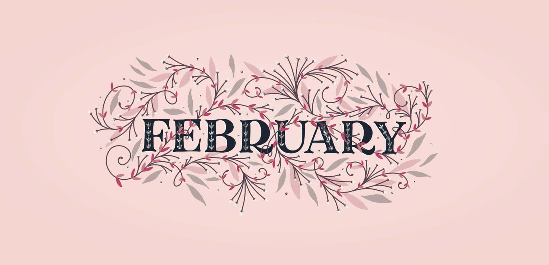  壁紙 — 「February」這個字被精緻的粉紅色和灰色花卉漩渦優雅地框住，背景是柔和的胭脂粉紅色。