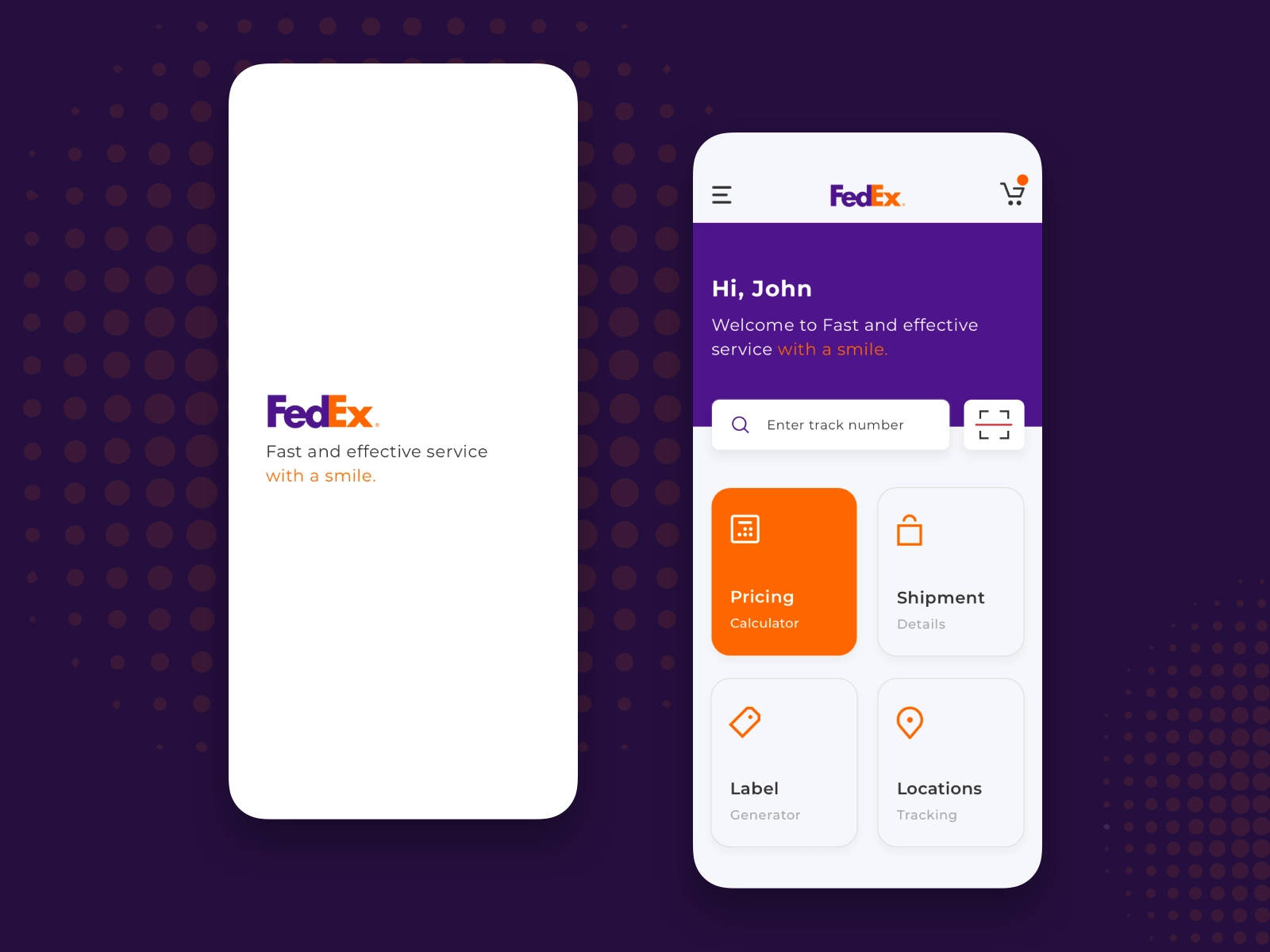 FedEx 跟蹤手機應用程式首頁 壁紙 — 兩個智能手機屏幕在深紫色圓點背景上顯示 FedEx 移動應用界面。