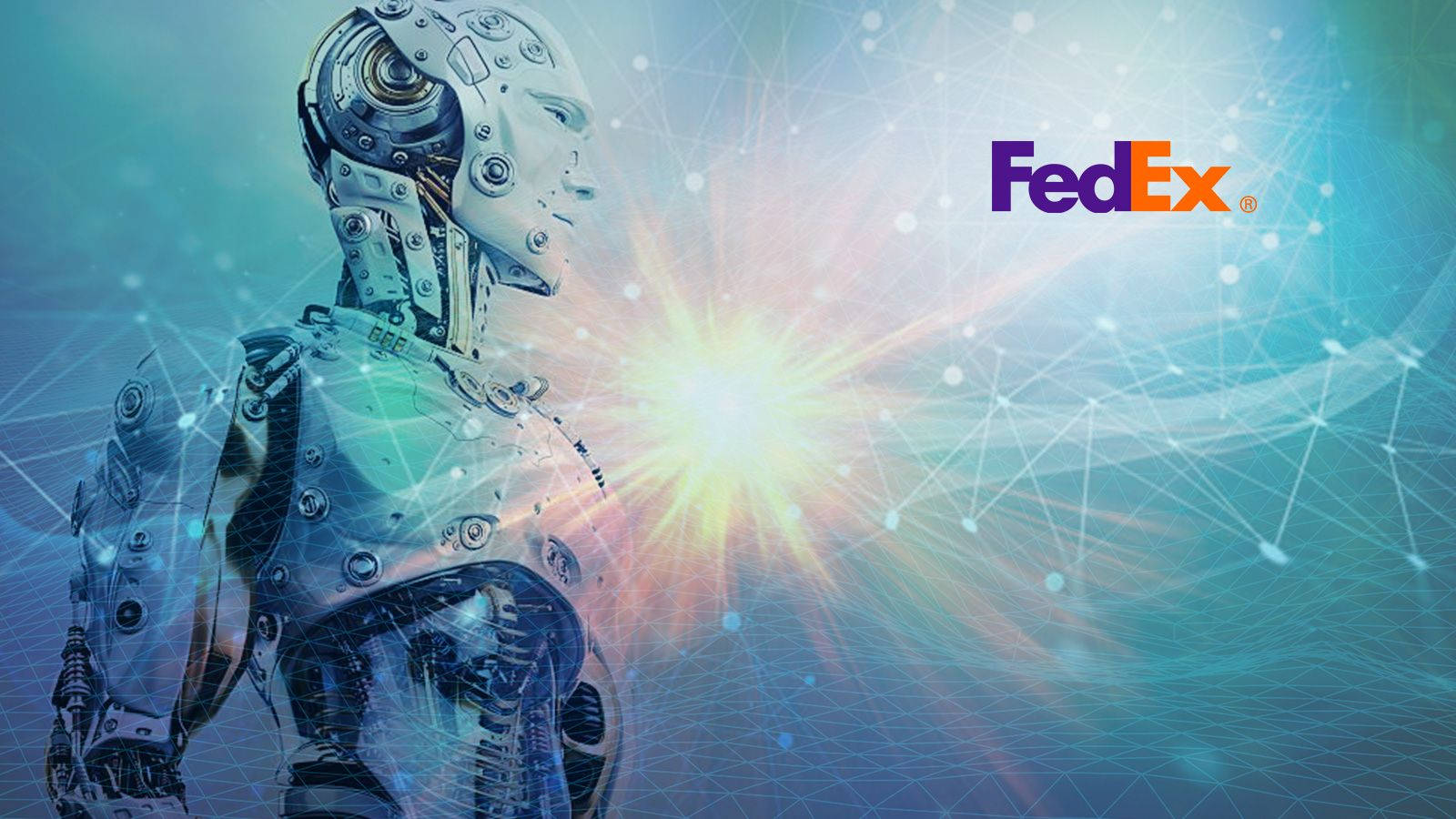 FedEx AI人形封面藝術 壁紙 — 一個未來風格的機械人站在發光的數碼網絡前，帶有鮮豔藍色和橙色色調的FedEx標誌。