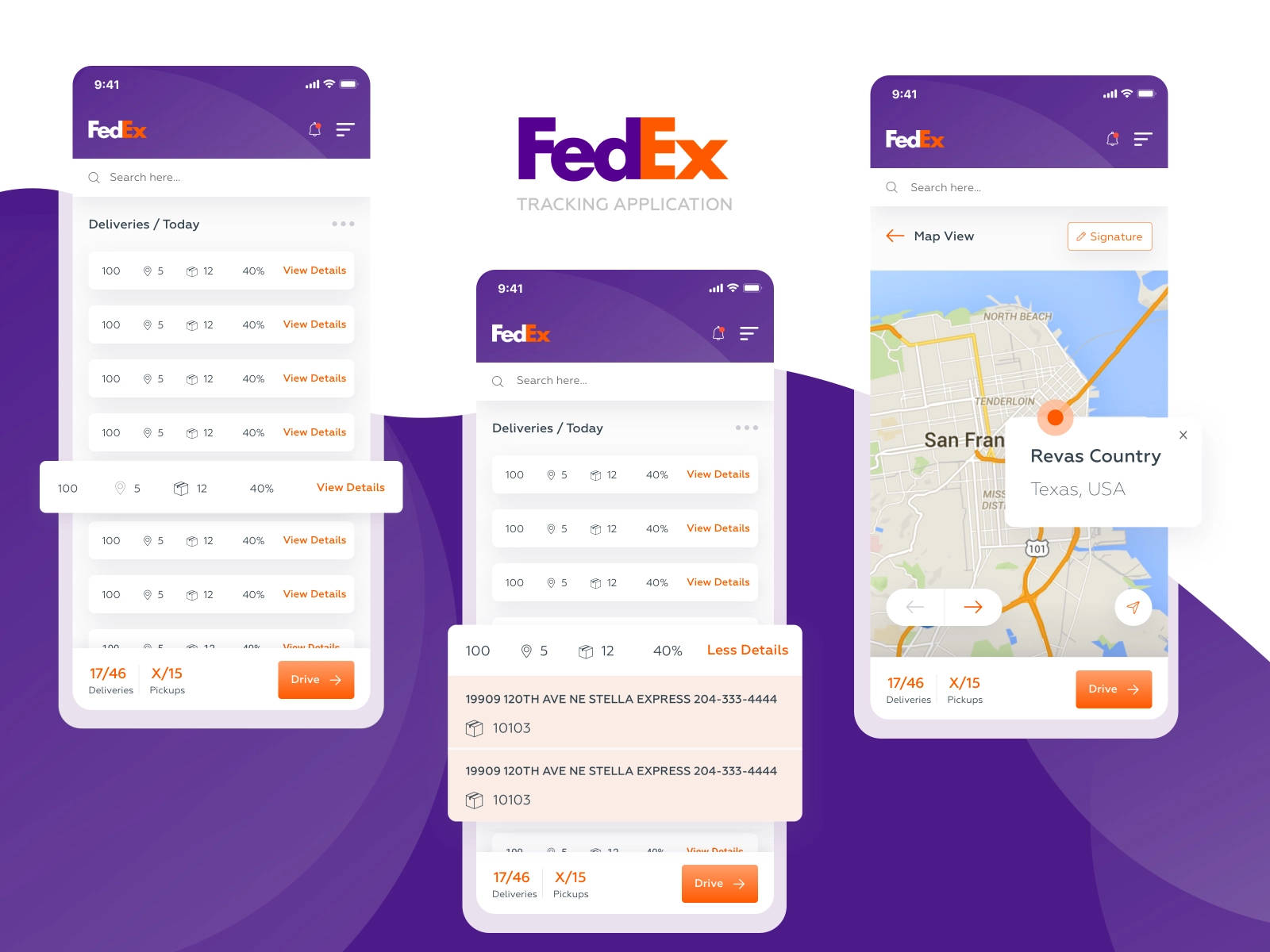 FedEx追蹤應用程式屏幕，在手機上顯示送貨、取件、地圖和簽名選項。