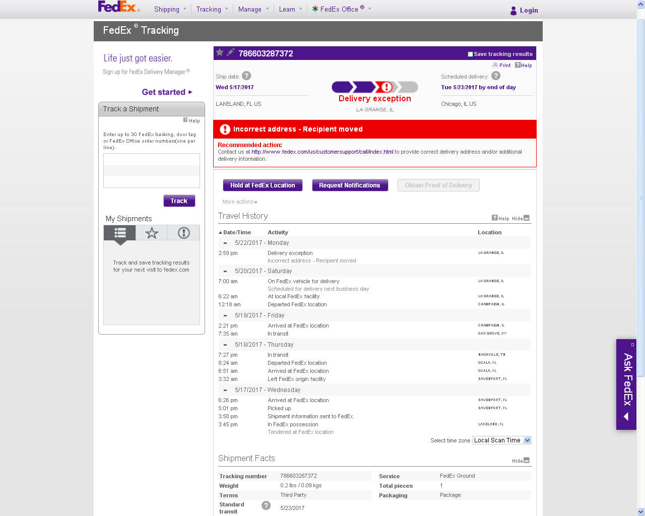 FedEx 追蹤頁面，顯示遞送例外和運送歷史