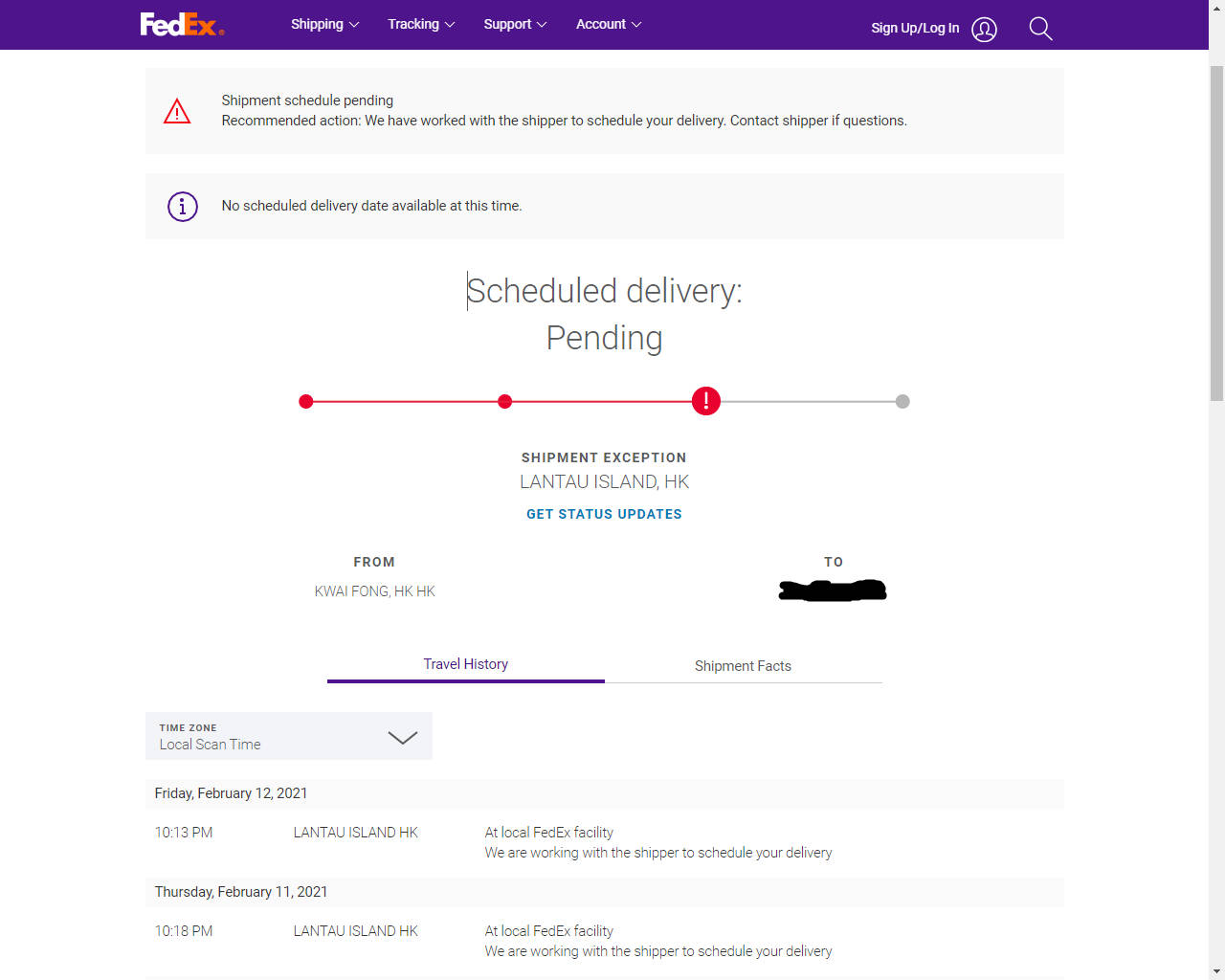 FedEx 貨件追蹤頁面顯示待處理的遞送及例外通知。