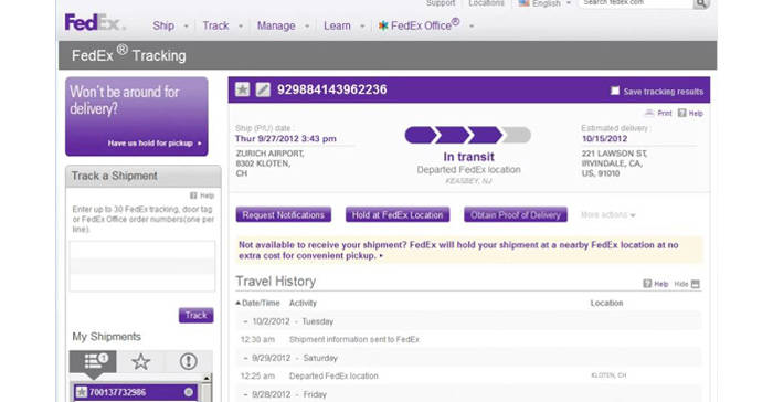 FedEx貨件追蹤頁面，顯示包裹狀態和運送歷史。