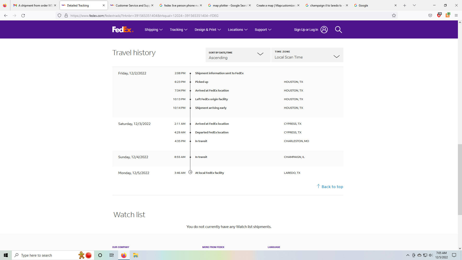 FedEx 貨件追蹤歷史，顯示送貨里程碑和地點。