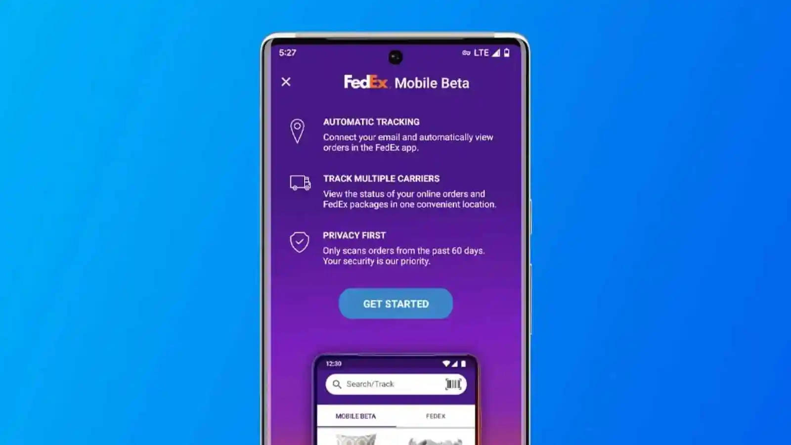 智能手機在藍色背景上顯示 FedEx Mobile Beta 應用程式功能。