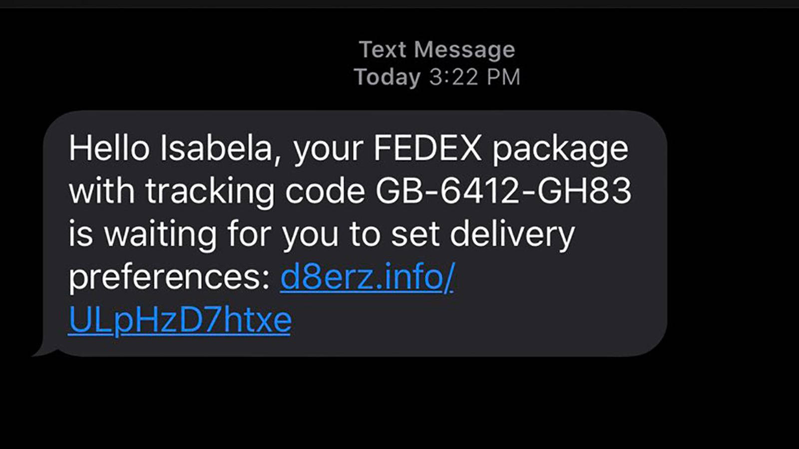 來自FedEx的文字訊息，要求使用可疑連結設定送貨偏好。