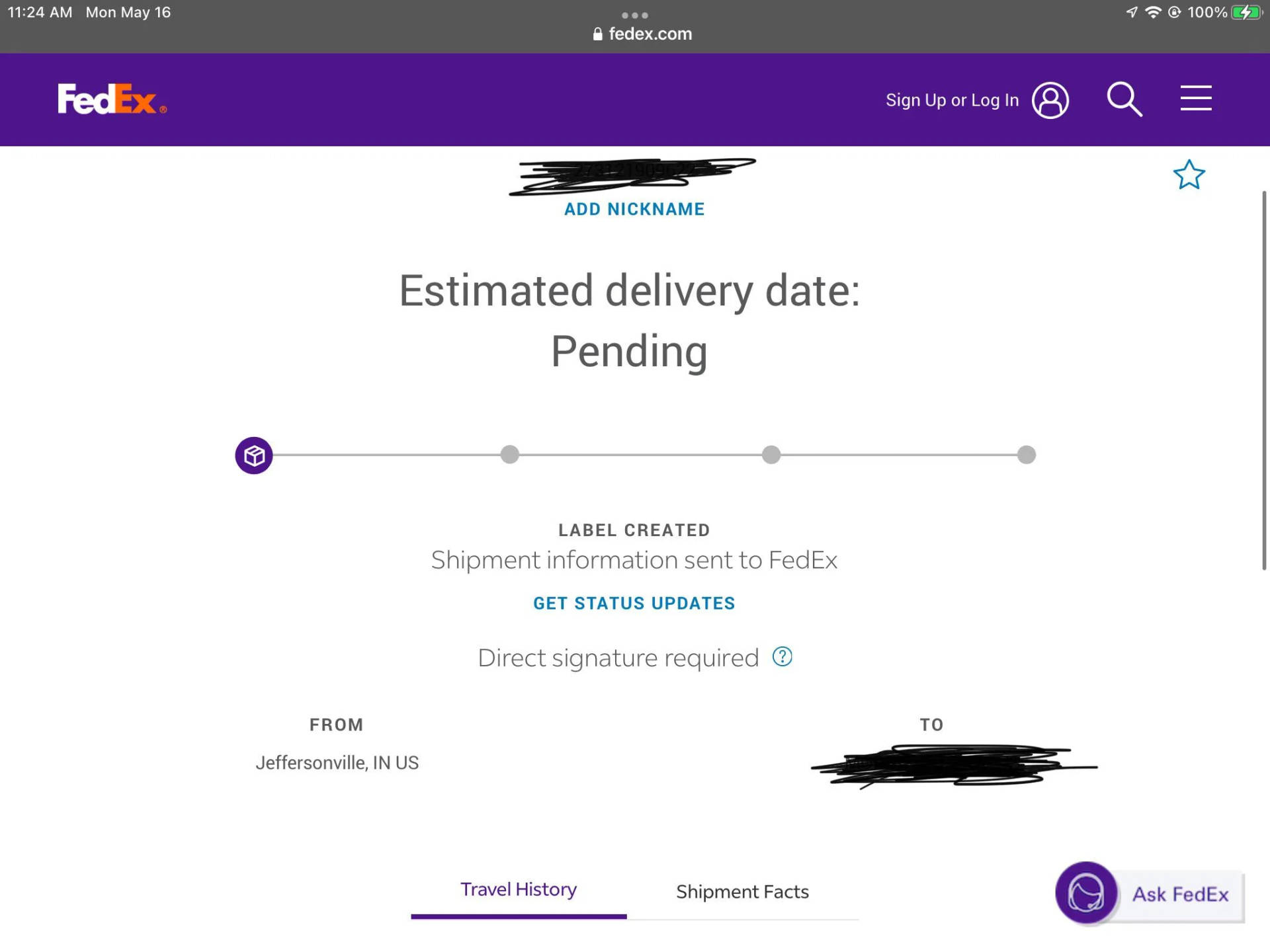 FedEx 運單追蹤畫面，顯示待處理的送貨狀態。