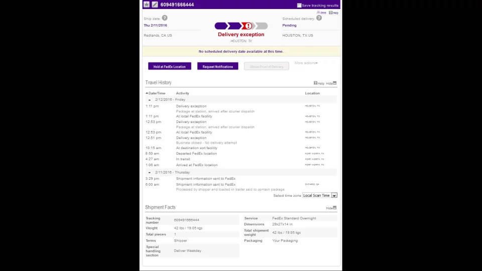 FedEx 送貨追蹤畫面，顯示例外情況和旅行歷史。