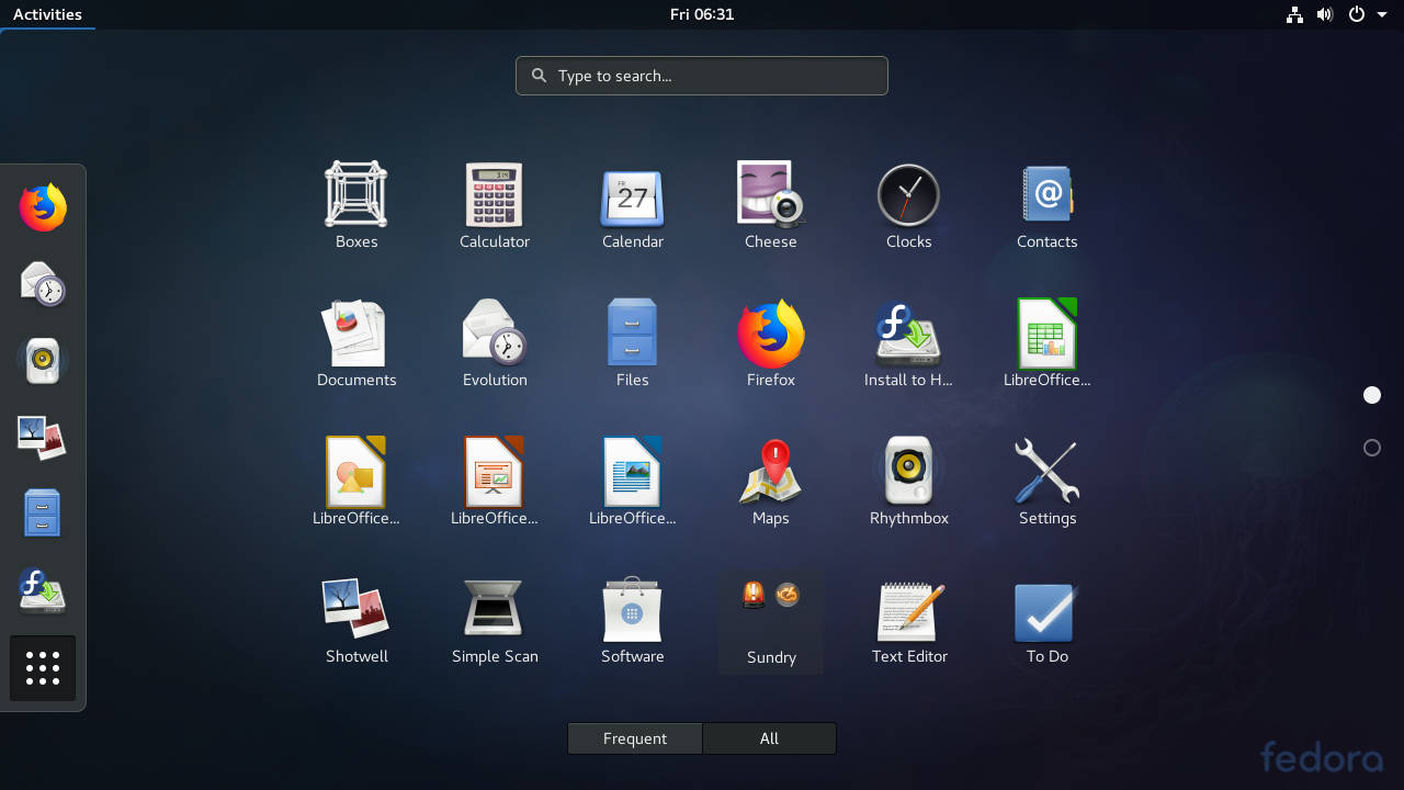 深藍色背景上帶有應用程式圖示的 Linux 桌面