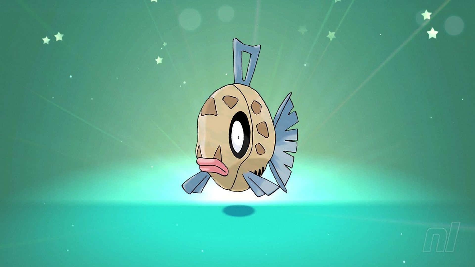 Feebas 星空綠色背景 壁紙 — 一條卡通魚，有大眼睛和藍色魚鰭，在帶有光線的藍綠色星空背景上發光。