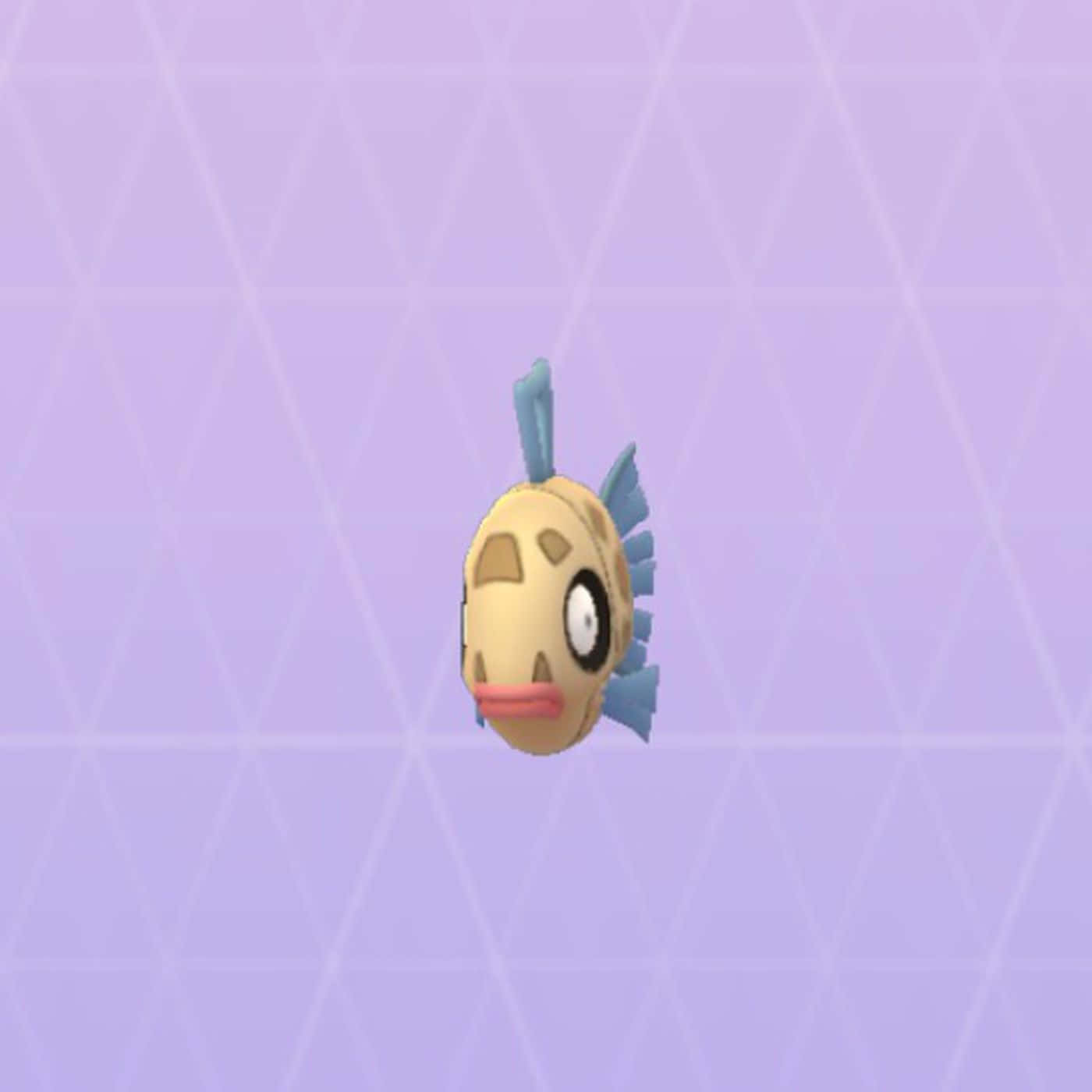 Feebas 紫色背景 壁紙 — 一條卡通魚，有藍色鰭和粉紅色嘴巴，漂浮在淺紫色幾何網格背景上。
