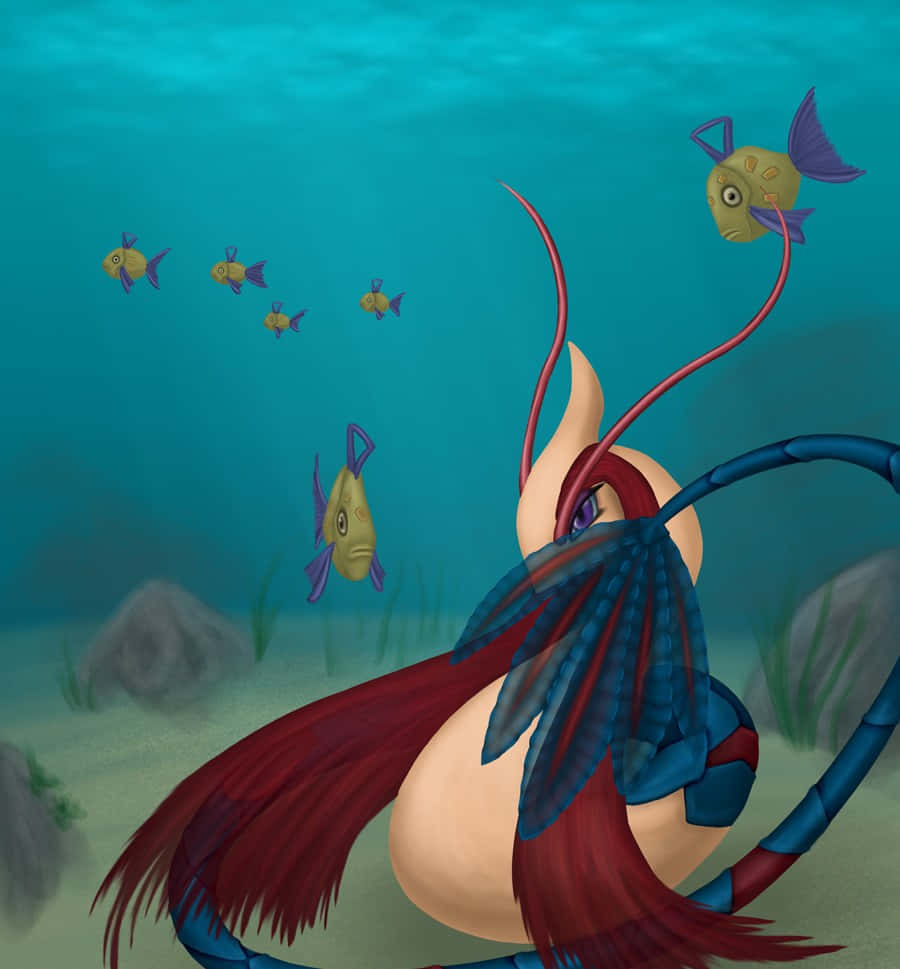 一隻色彩繽紛的海洋生物，有紅色魚鰭和藍色甲殼，躺在海床上靠近小魚。